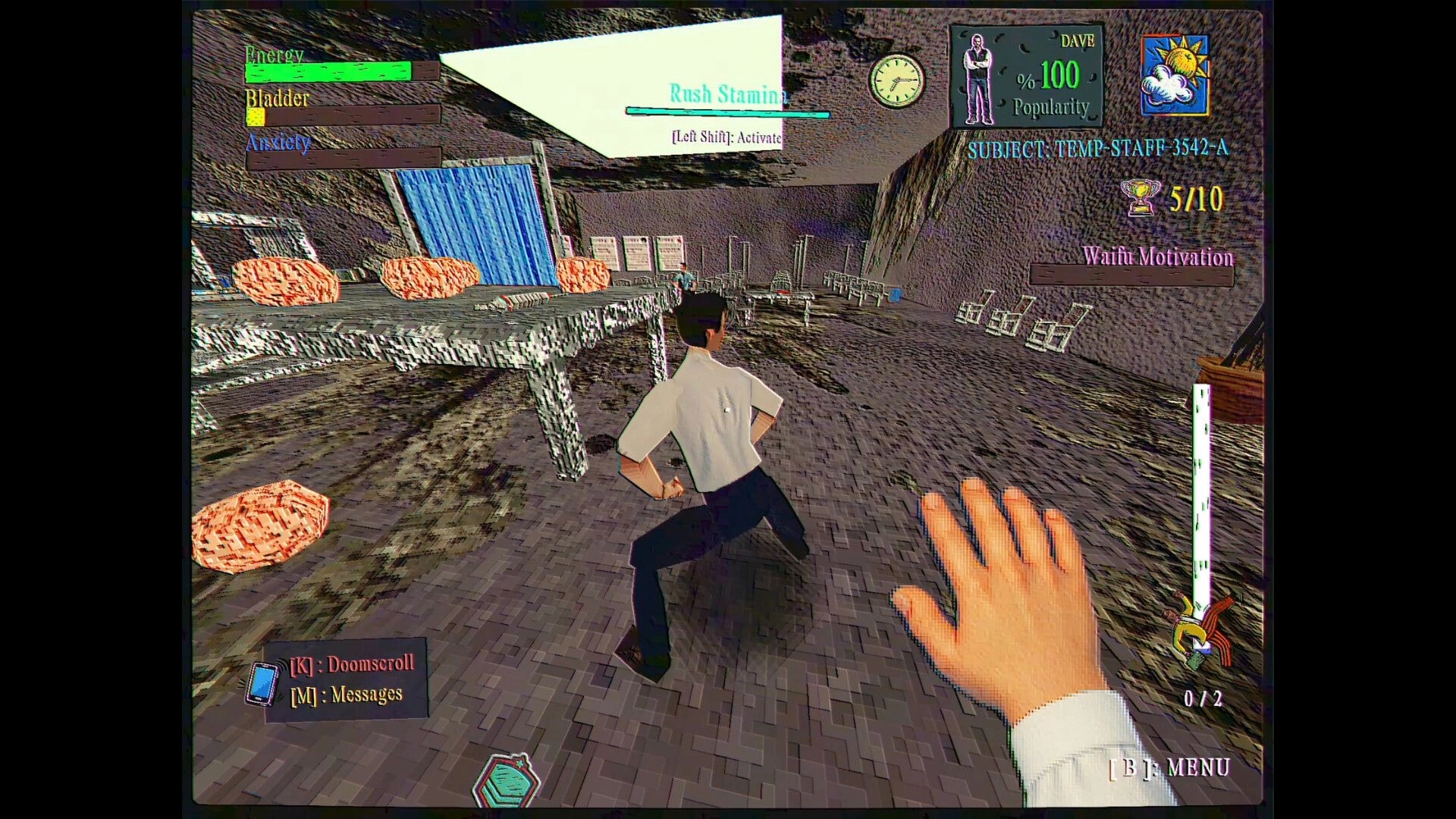 FINITE JEST: Chasing an office worker past tables of brains in a lab-like room with stamina HUD.
