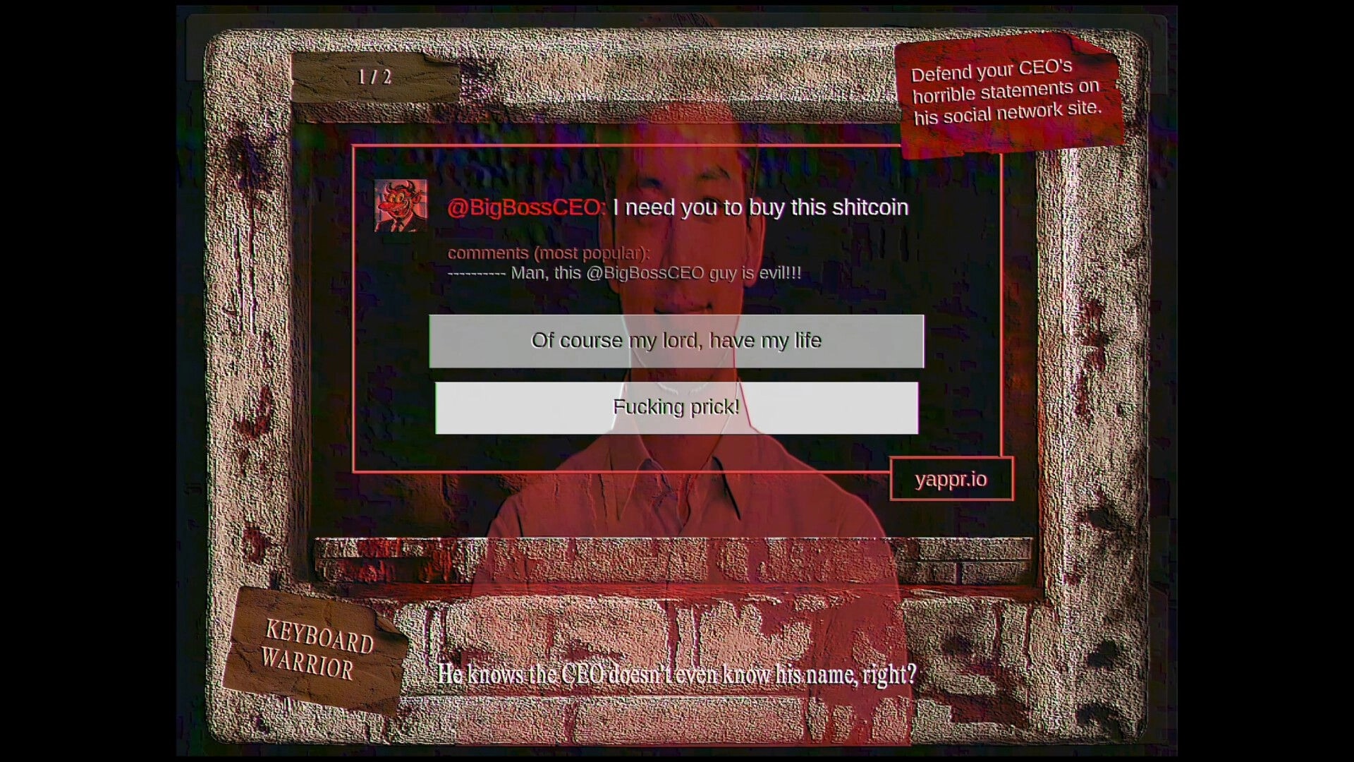 FINITE JEST: Social media defense UI with two reply buttons over creepy CEO face on monitor screen.