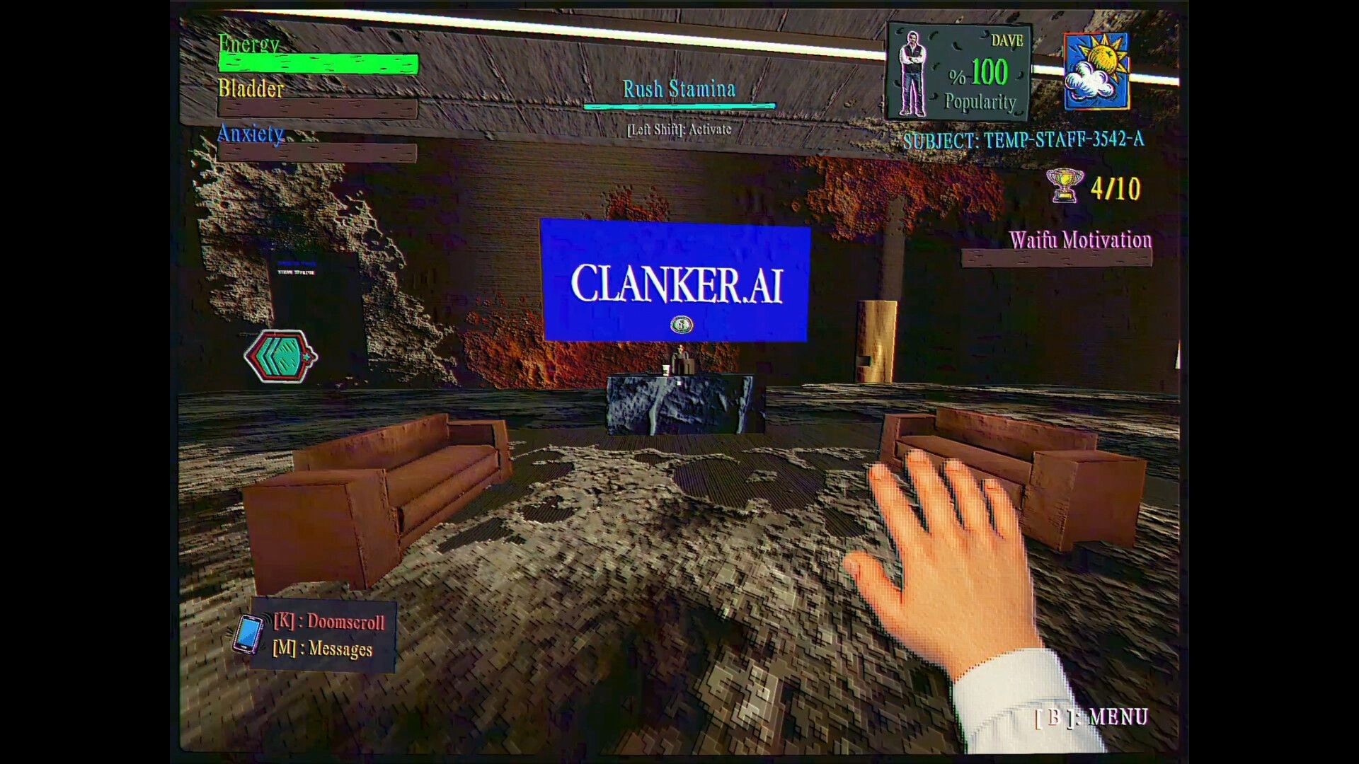 FINITE JEST: First-person view facing CLANKER.AI screen in lounge with energy and anxiety UI bars.