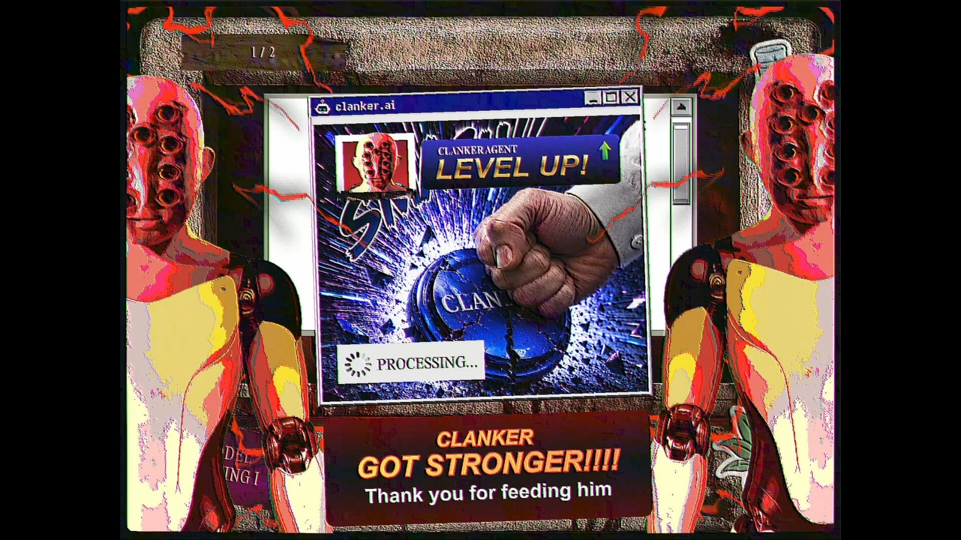FINITE JEST: CLANKER level-up pop-up on PC window, flanked by two red-faced robots in office UI.