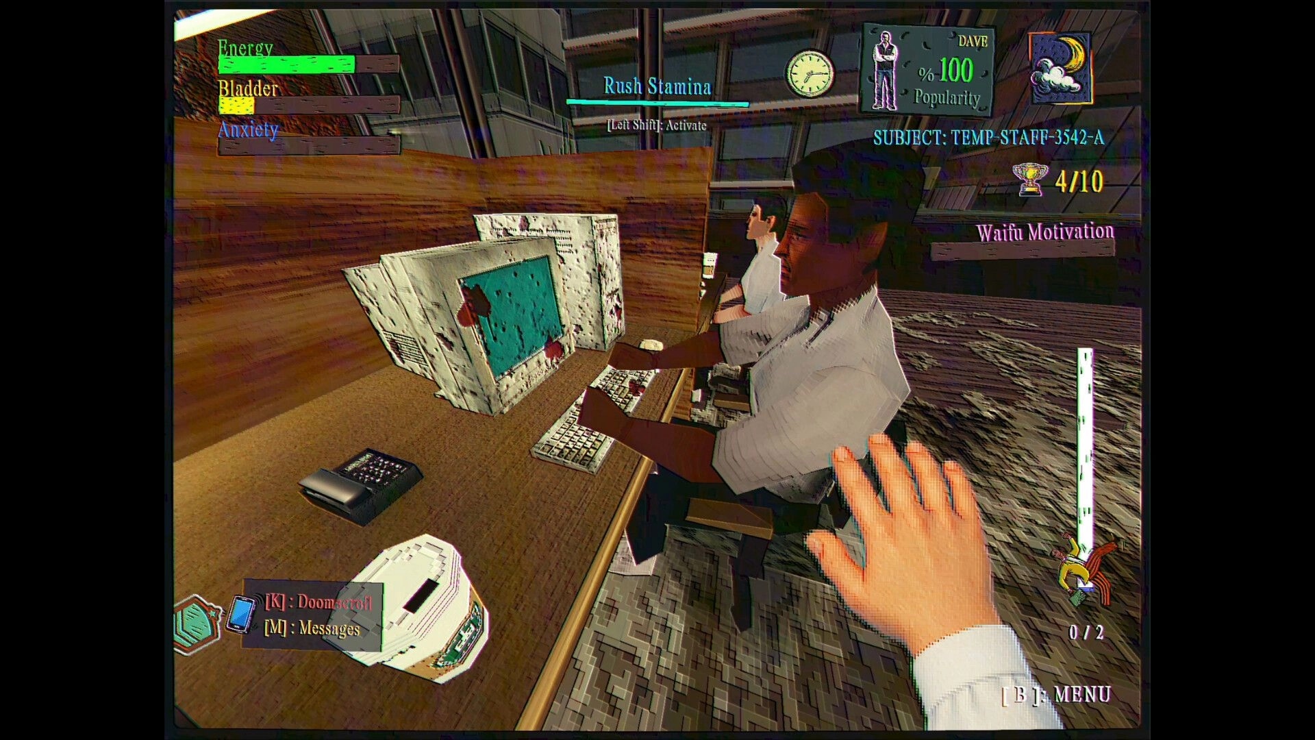 FINITE JEST: First-person view behind office workers at PCs with Energy and Rush Stamina HUD in cubicles.