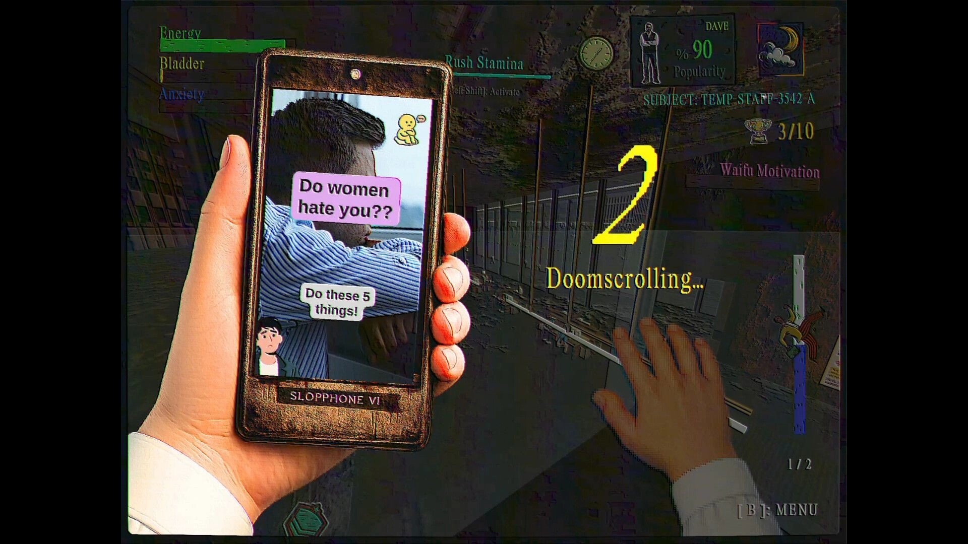 FINITE JEST: Holding a Slopphone VI while doomscrolling in a dim locker hallway with HUD stats.