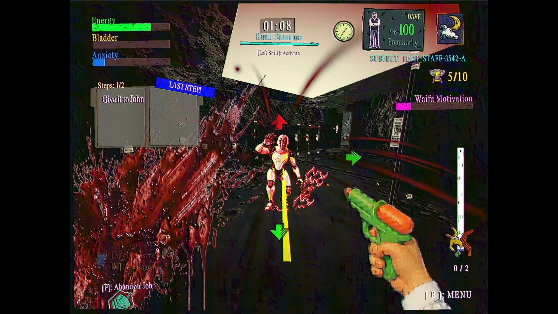 FINITE JEST: First-person chase with toy blaster, HUD meters and robot in a dark office hallway.