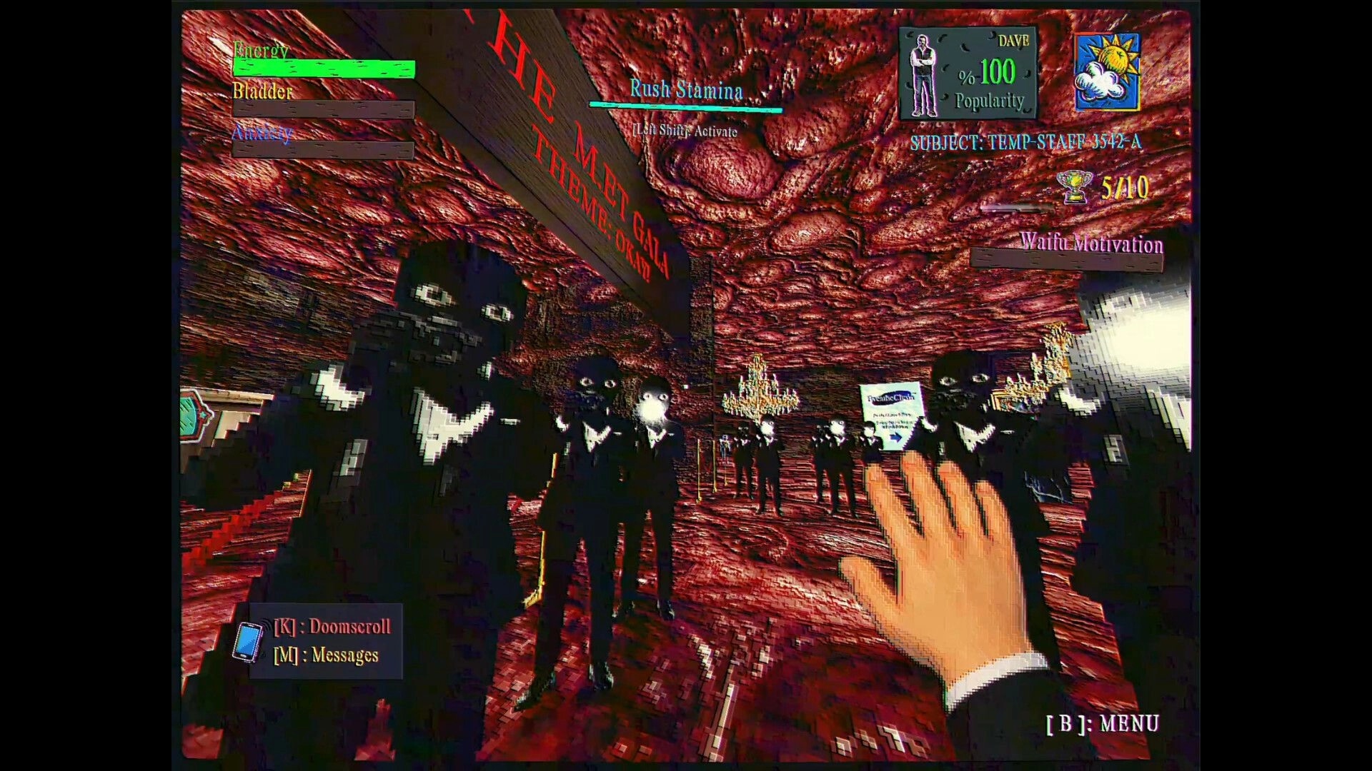 FINITE JEST: First-person view facing masked staff in fleshy hall, stamina and stats UI visible.