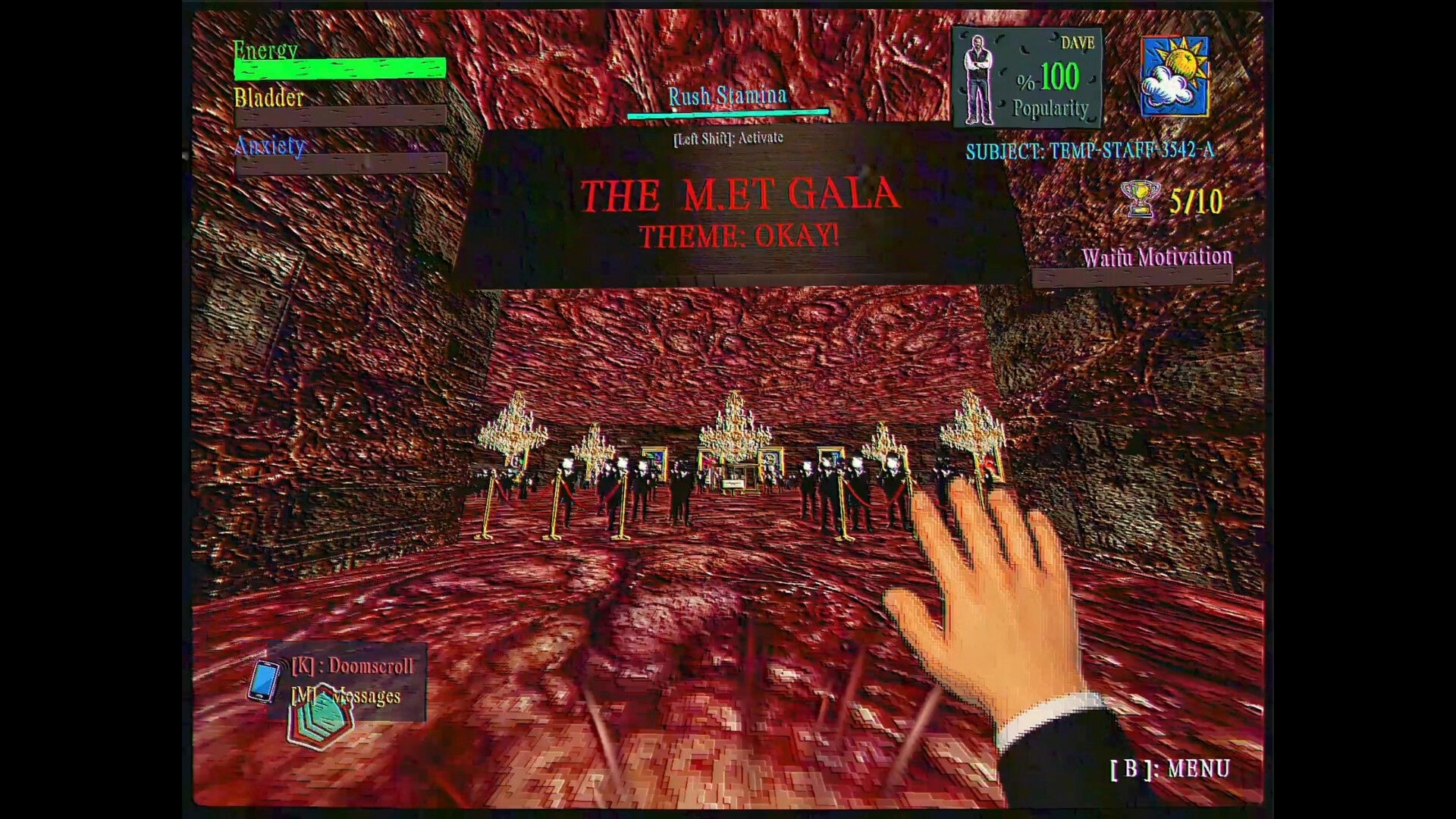 FINITE JEST: First-person gala hall with red carpet, chandeliers, and HUD alert "THE M.E.T GALA".