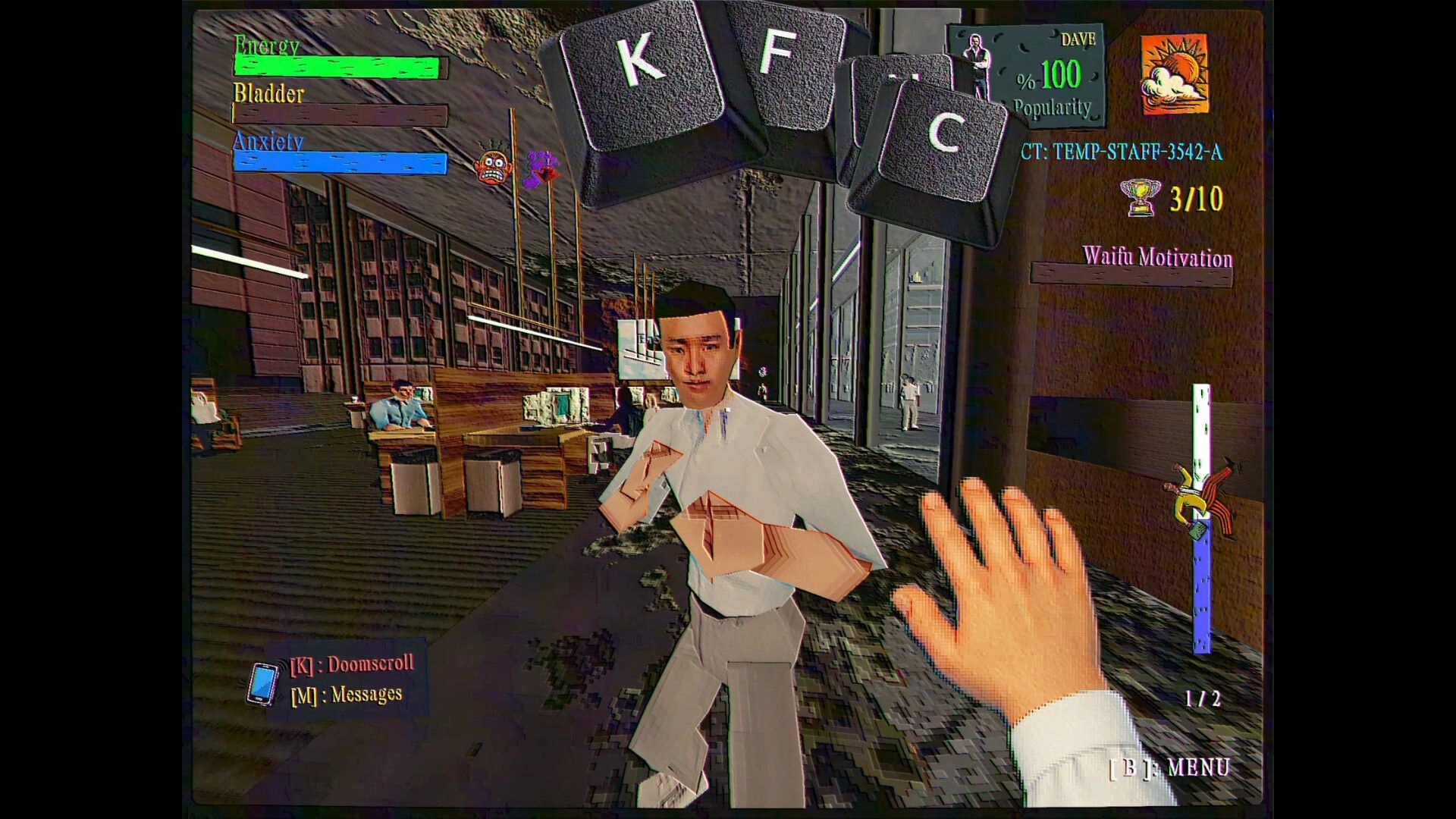 FINITE JEST: First-person view facing coworker in office hall, with energy bars and key prompts UI.