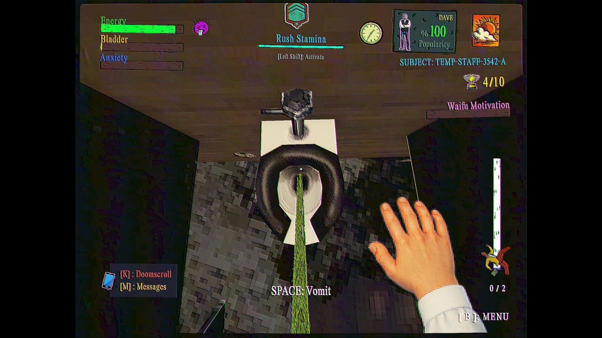 FINITE JEST: First-person vomiting into office toilet with Energy/Bladder/Anxiety UI and stats overlay.