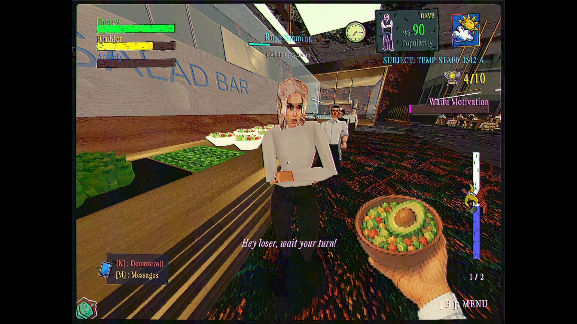 FINITE JEST: Waiting in cafeteria salad bar line with stats UI and NPC shouts, "wait your turn!".