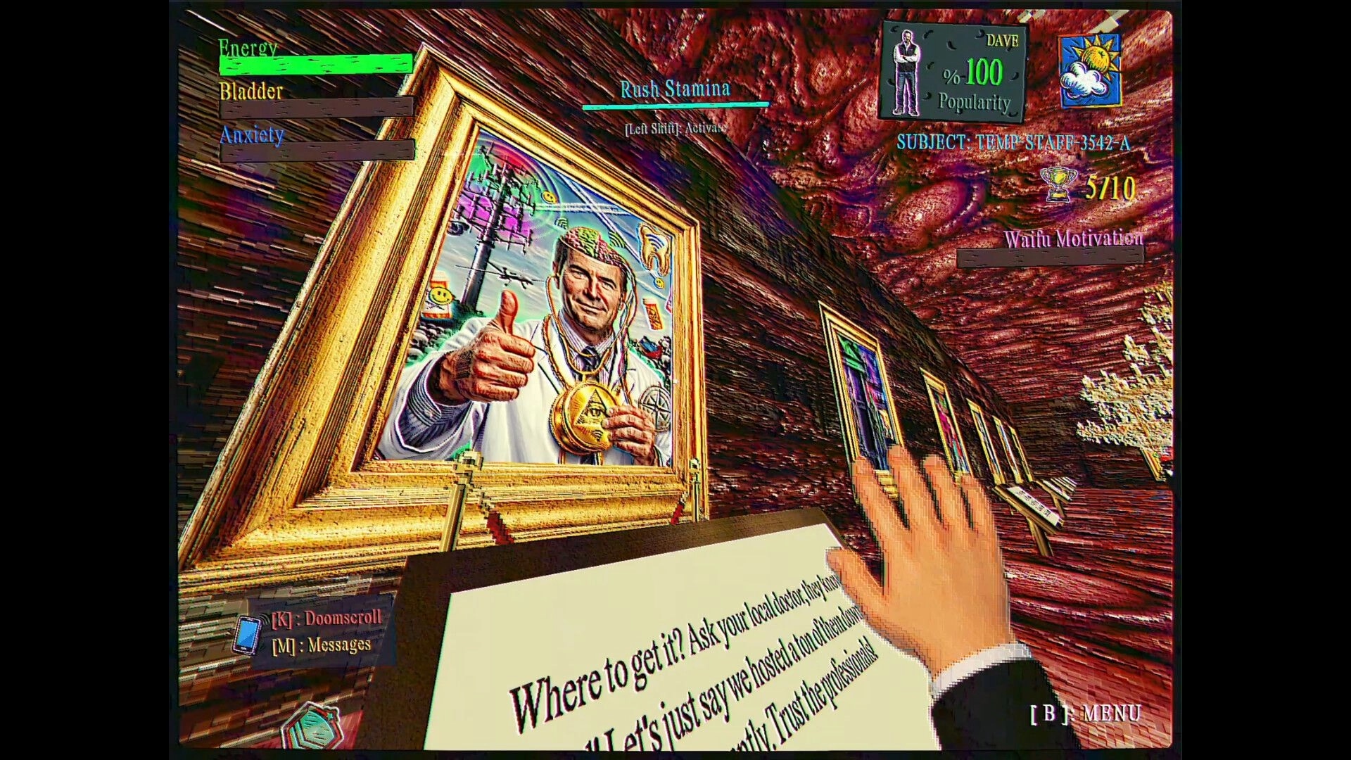 FINITE JEST: HUD with Energy and Anxiety bars while reading a clipboard in a warped office hallway.