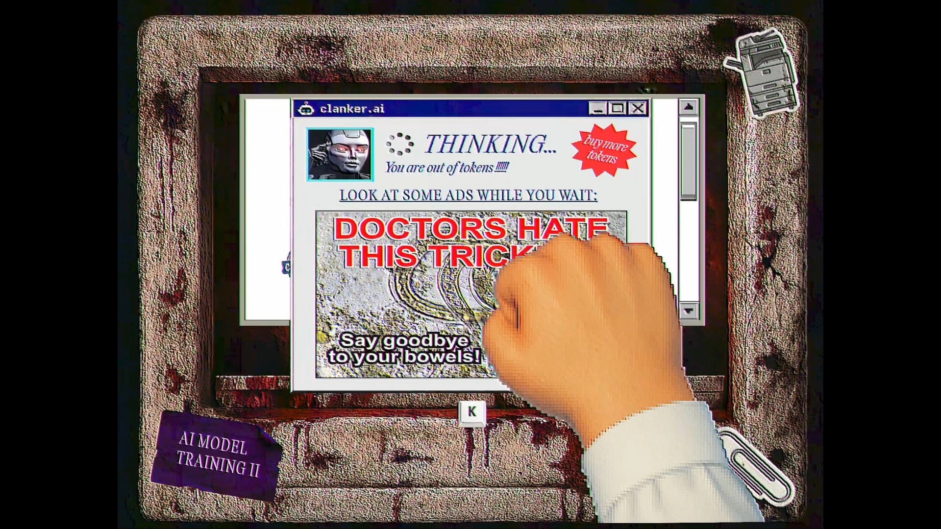 FINITE JEST: Punching a CRT monitor showing clanker.ai pop-up ads in a grimy office workstation.