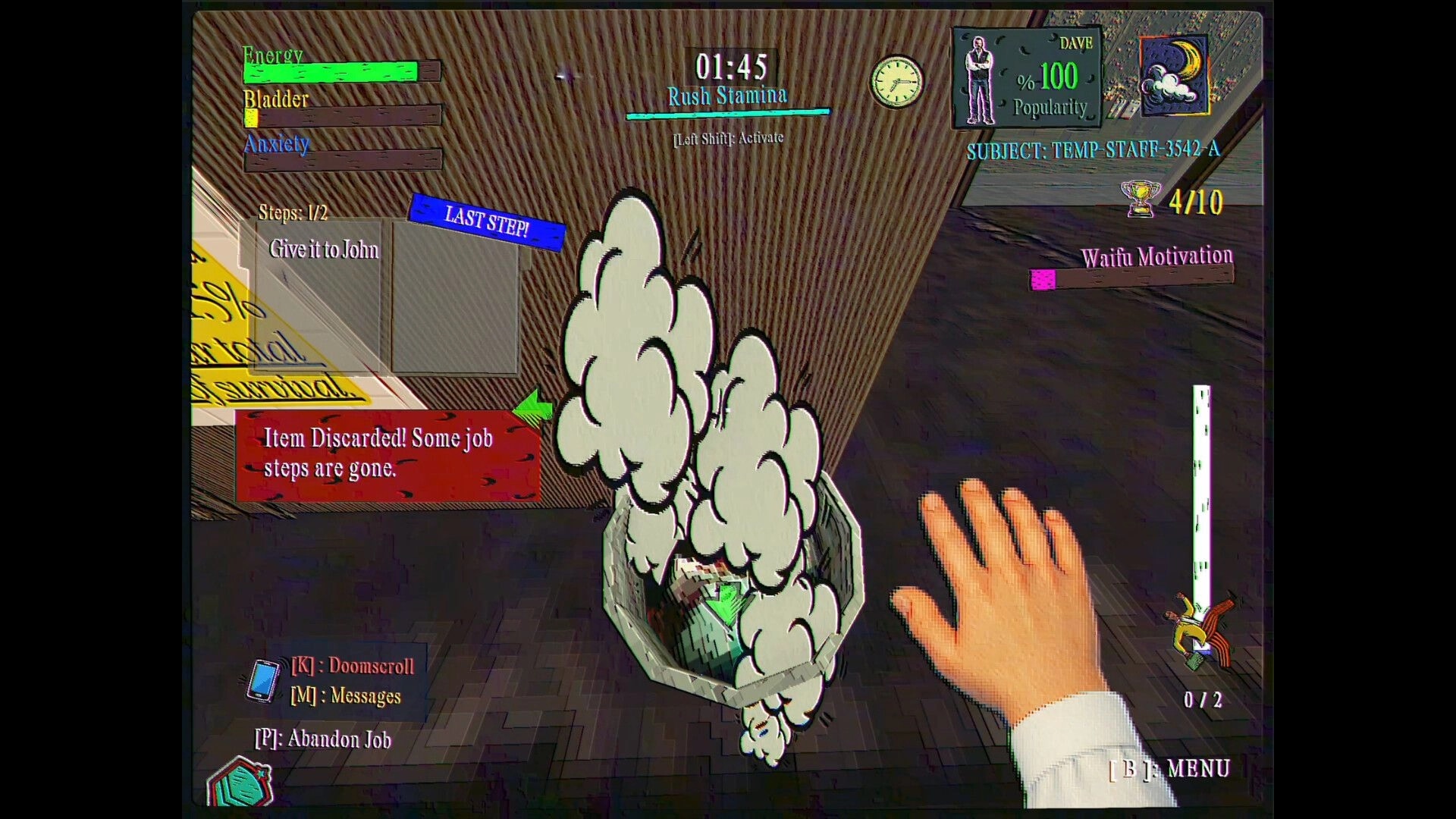 FINITE JEST: Player discards an item into a smoking bin, UI shows energy and job step in office hall.