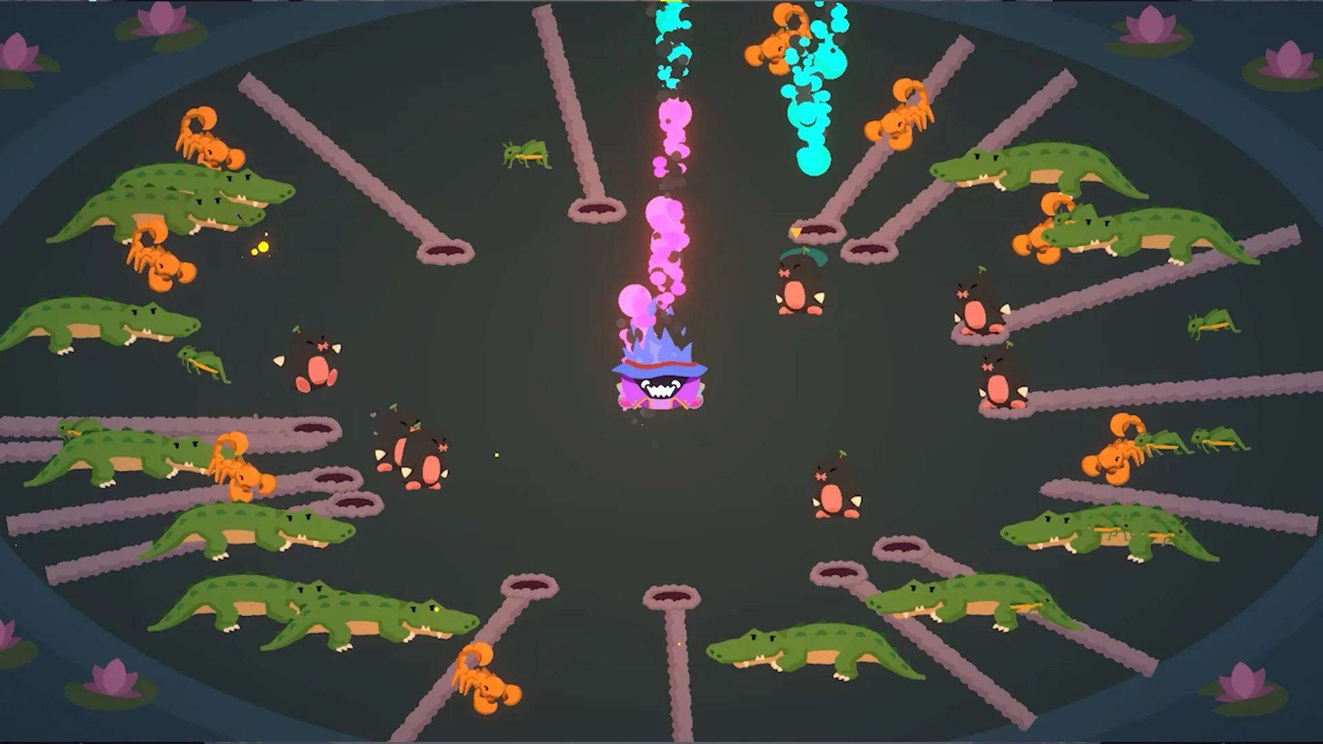 Fire at Campsite: Central campfire defends against crocodiles, scorpions, and moles in forest arena.