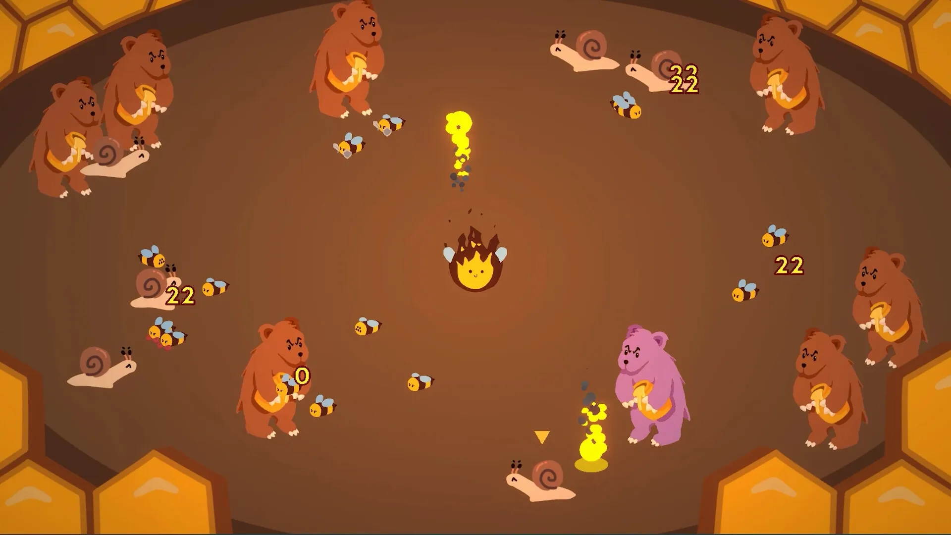 Fire at Campsite: Campfire defends against approaching bears and snails using bees in a circular arena