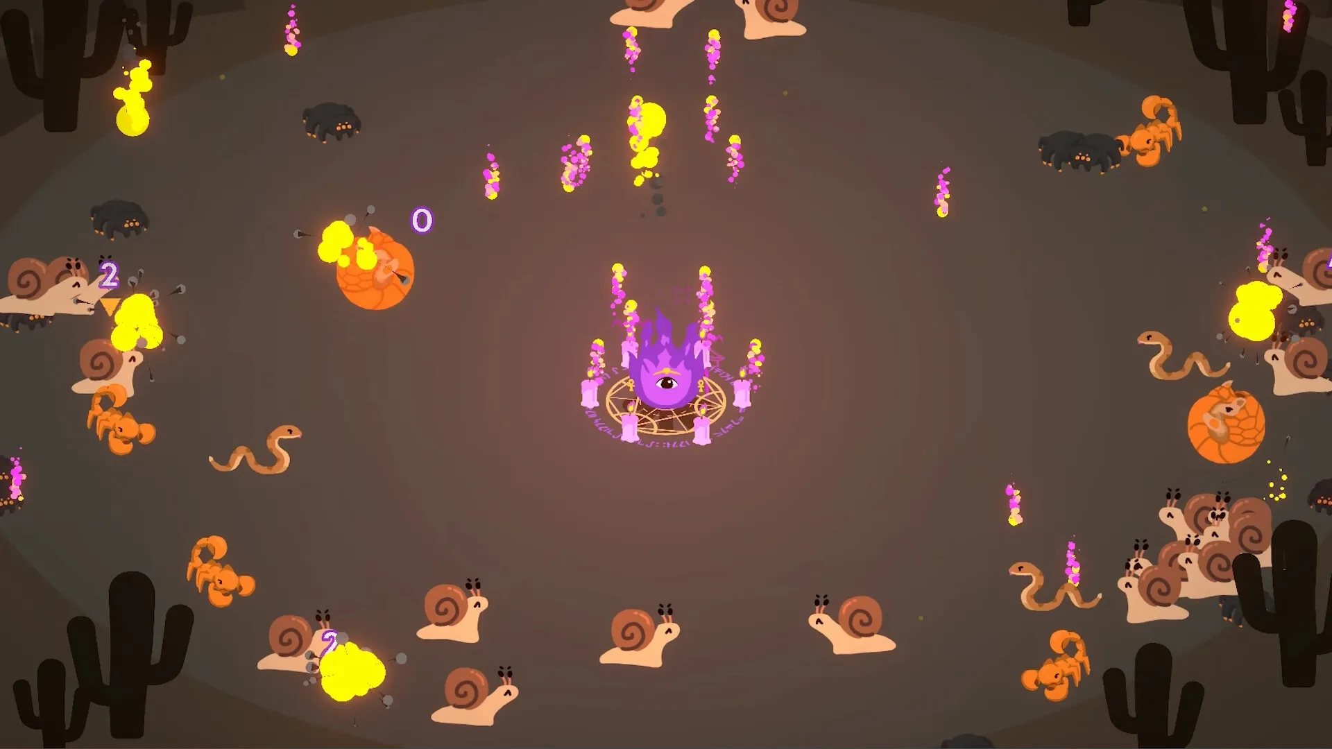 Fire at Campsite: Campfire with eye casting purple flames at approaching snails and scorpions in desert.