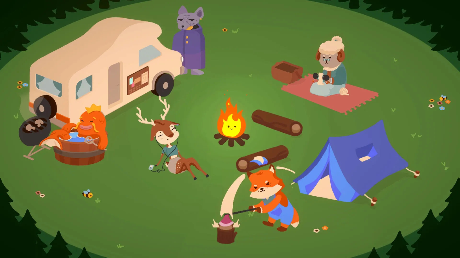 Fire at Campsite: Campfire surrounded by animal characters relaxing near a trailer and blue tent