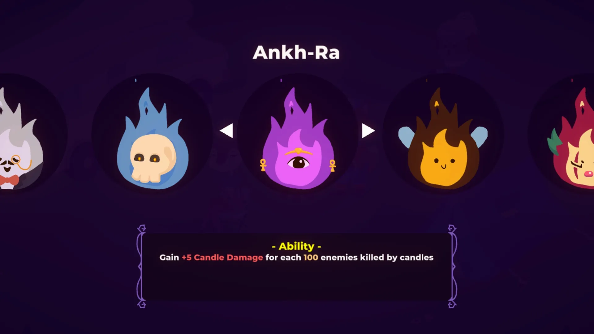 Fire at Campsite: Character selection with Ankh-Ra and ability description in dark-themed UI