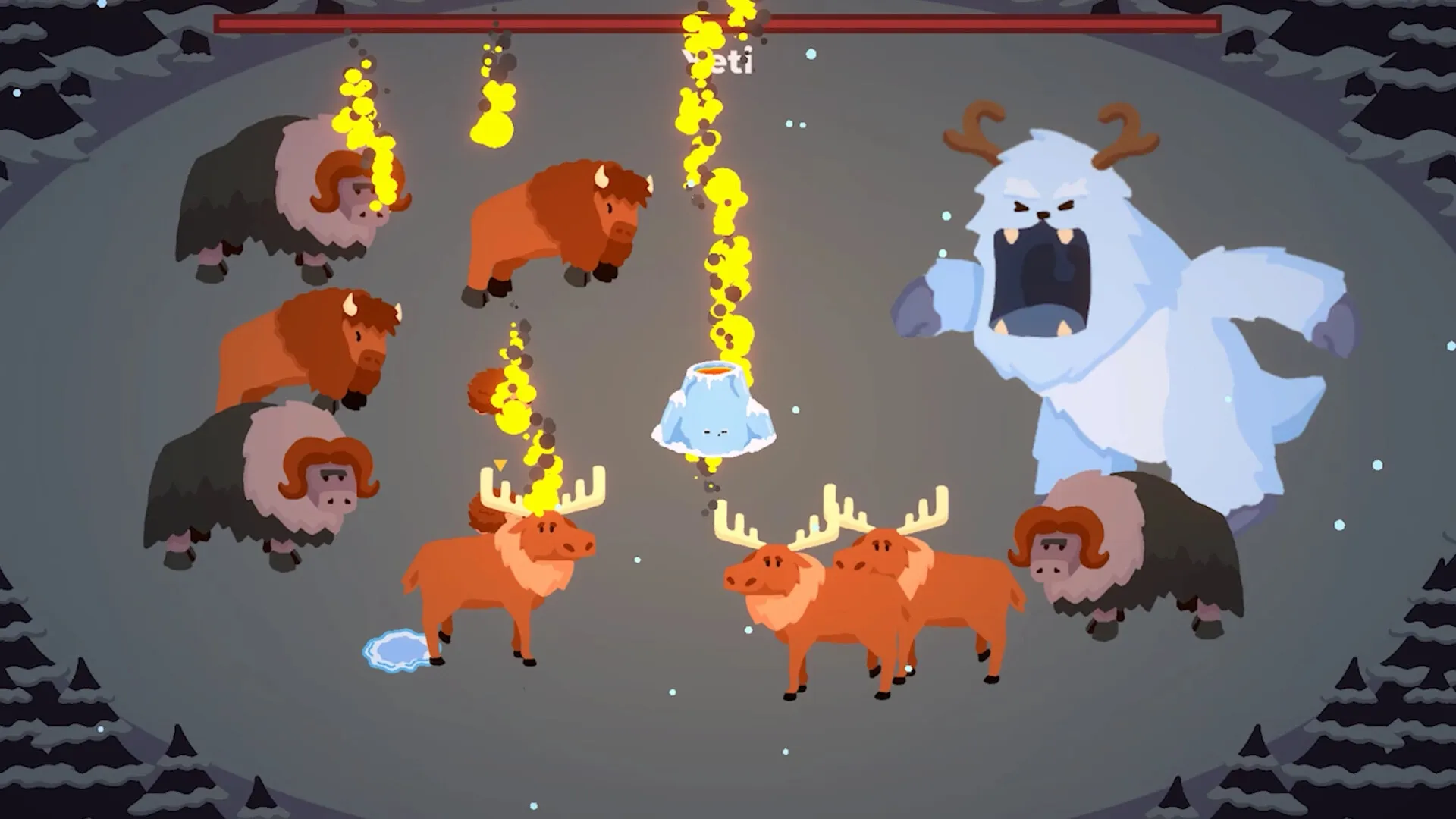 Fire at Campsite: Campfire battling yeti and animals with fire abilities in snowy clearing.