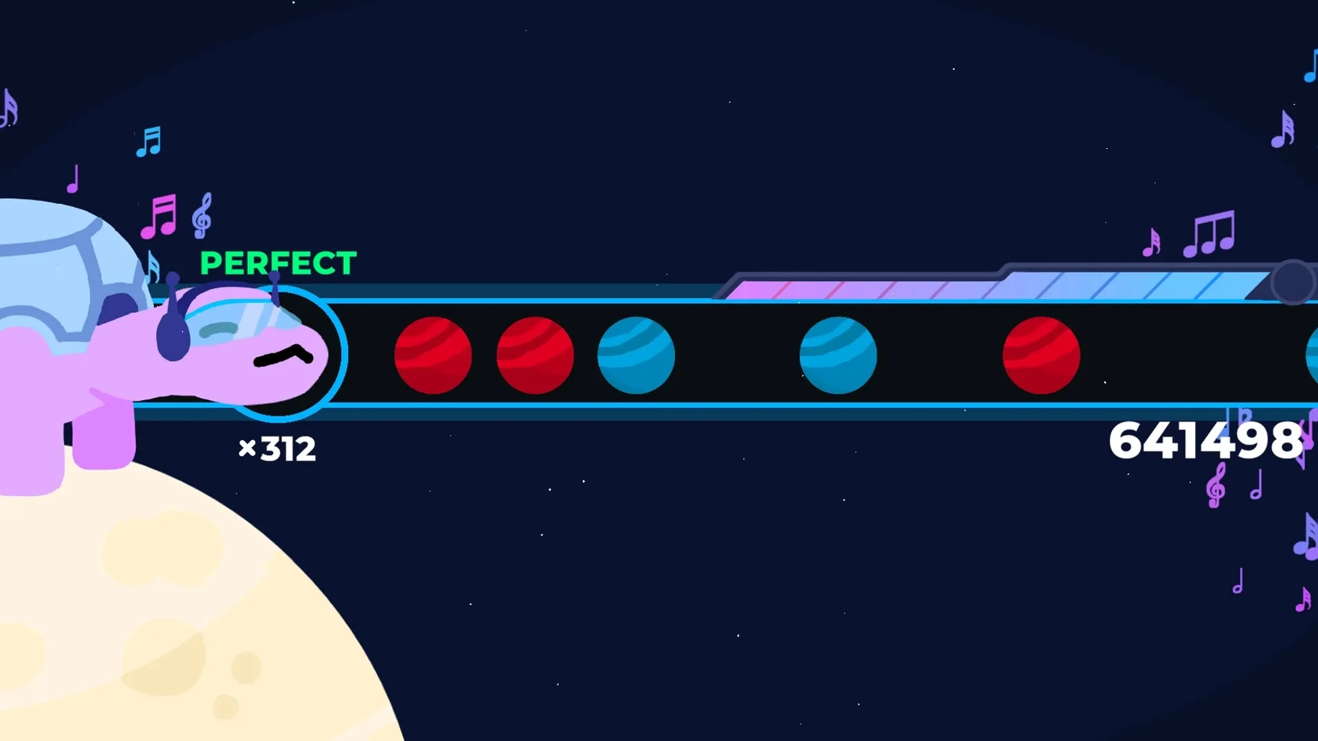 Fire at Campsite: Musical turtle character achieving perfect score on rhythm game interface in space
