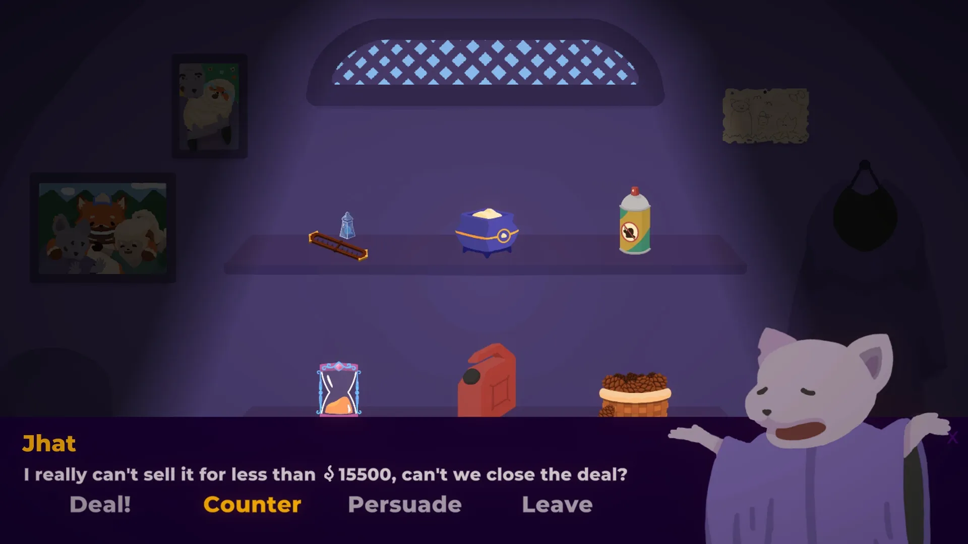 Fire at Campsite: Jhat negotiating prices with item selection and dialogue options in a dimly lit room