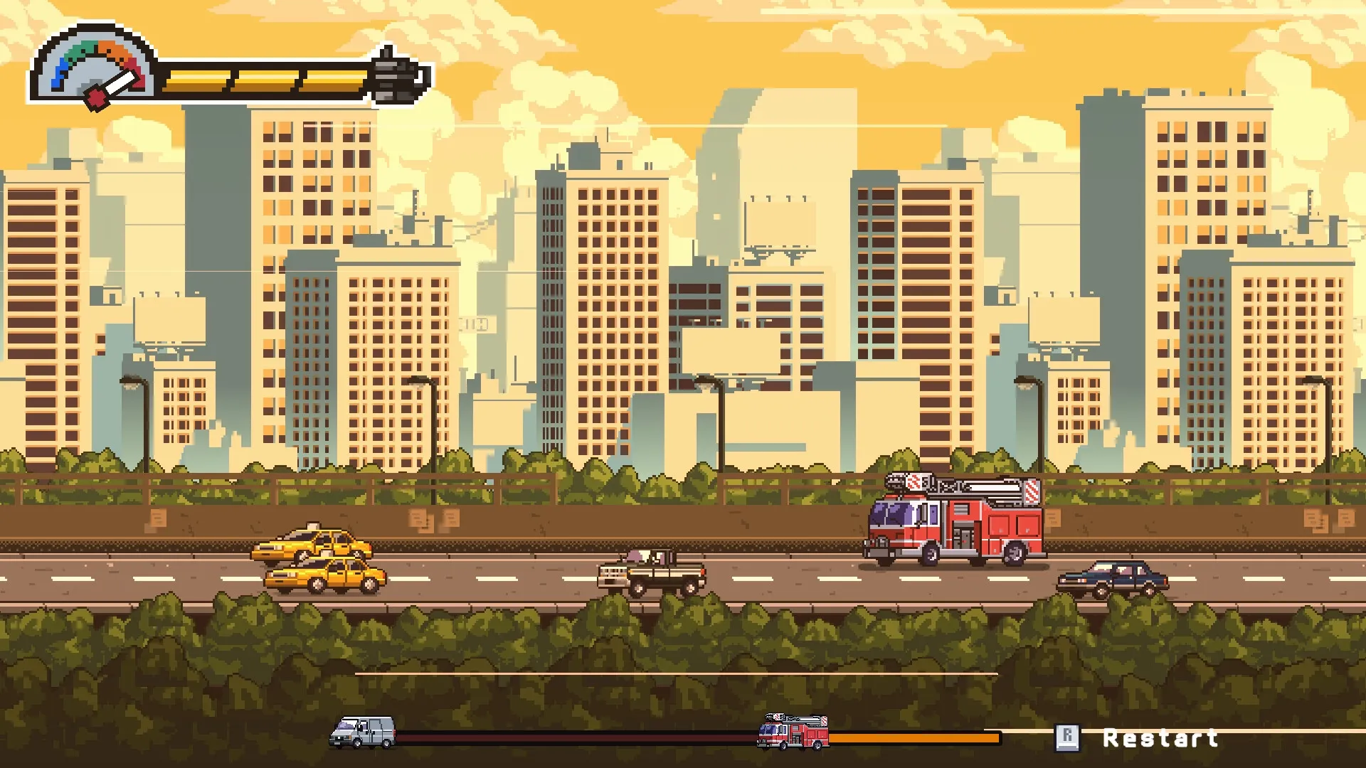 Fire Hero: Fire truck racing through city streets with traffic meter in urban skyline setting