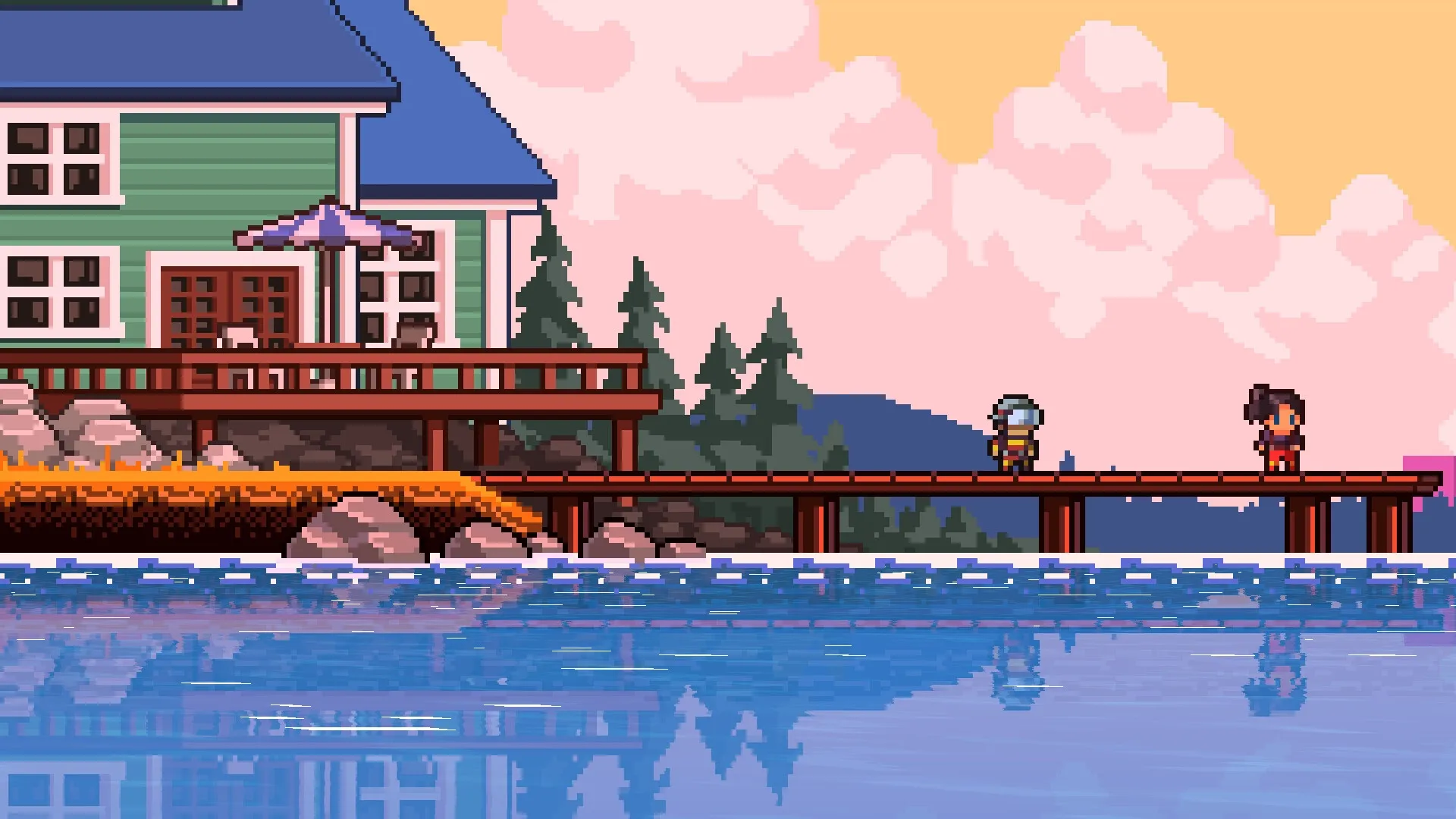 Fire Hero: Firefighter and civilian stand on wooden dock by house with mountains in the background