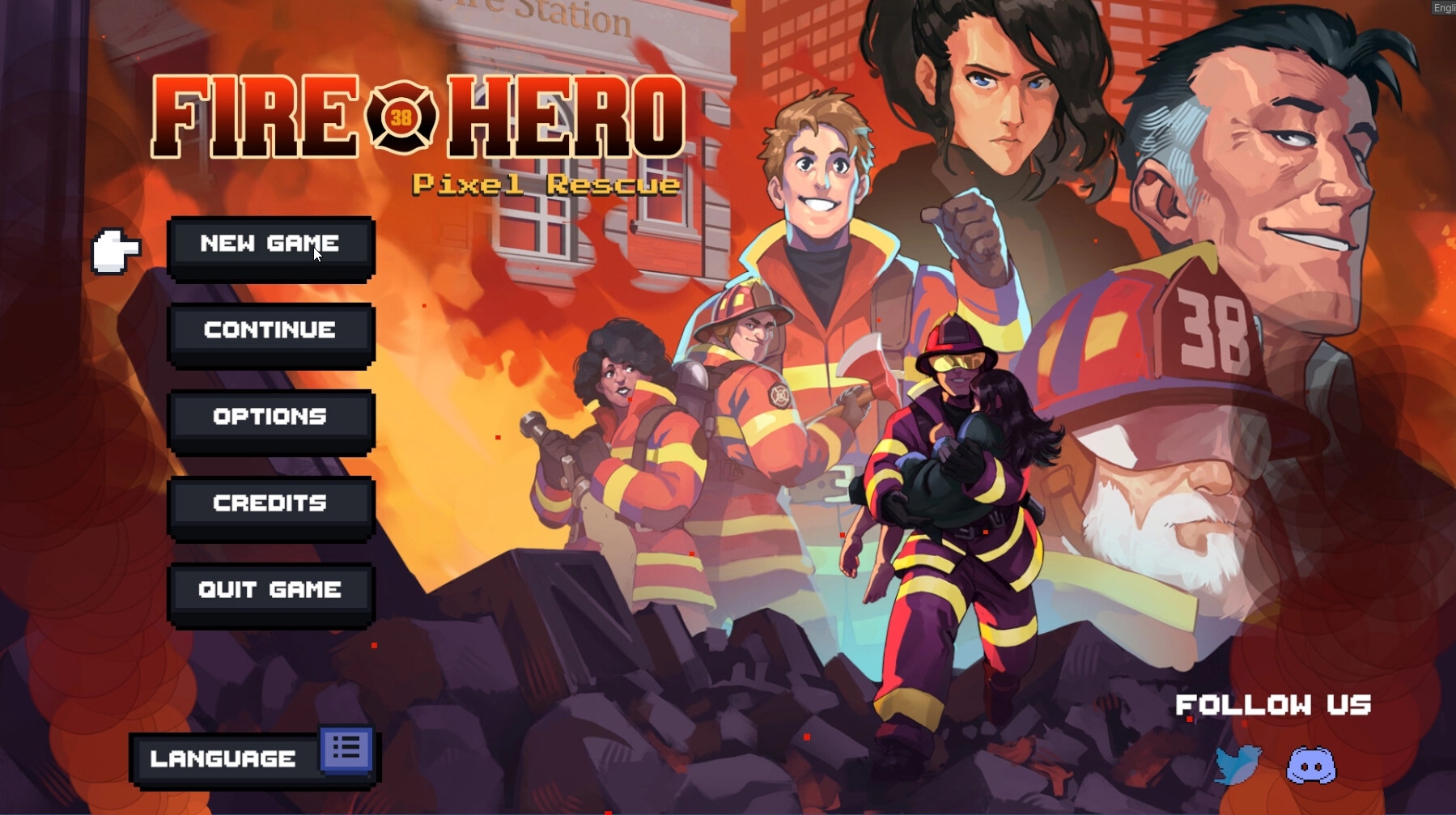 Fire Hero: Main menu with new game, continue options; firefighter rescuing civilian in fiery backdrop