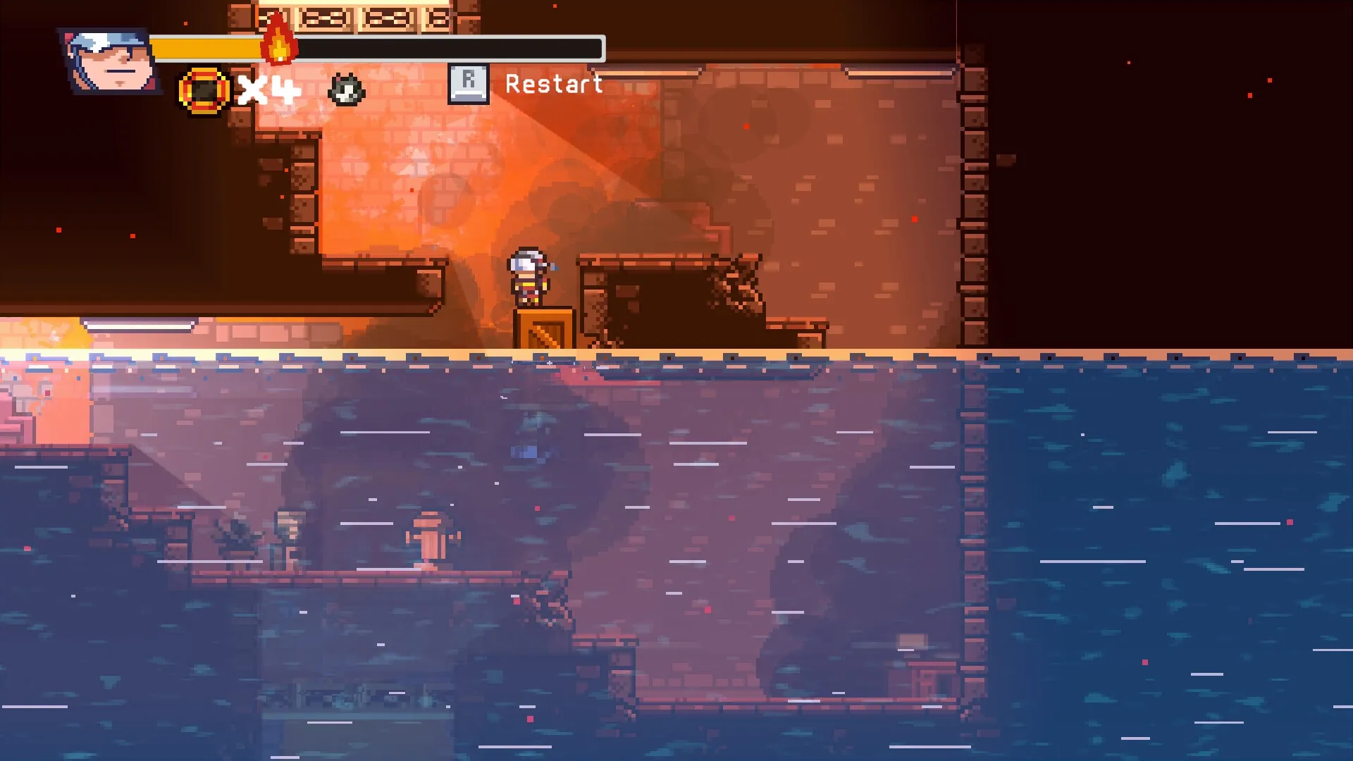 Fire Hero: Firefighter stands on crate in burning building with water below, visible UI and restart option.