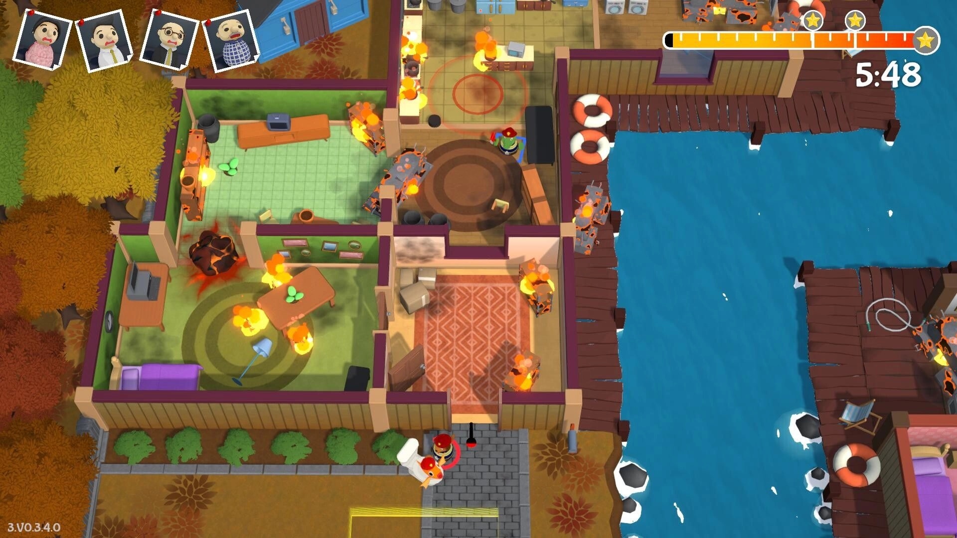 FiresOut!: Top-down co-op firefight as rooms burn by a lakeside dock, timer and star meter UI visible.