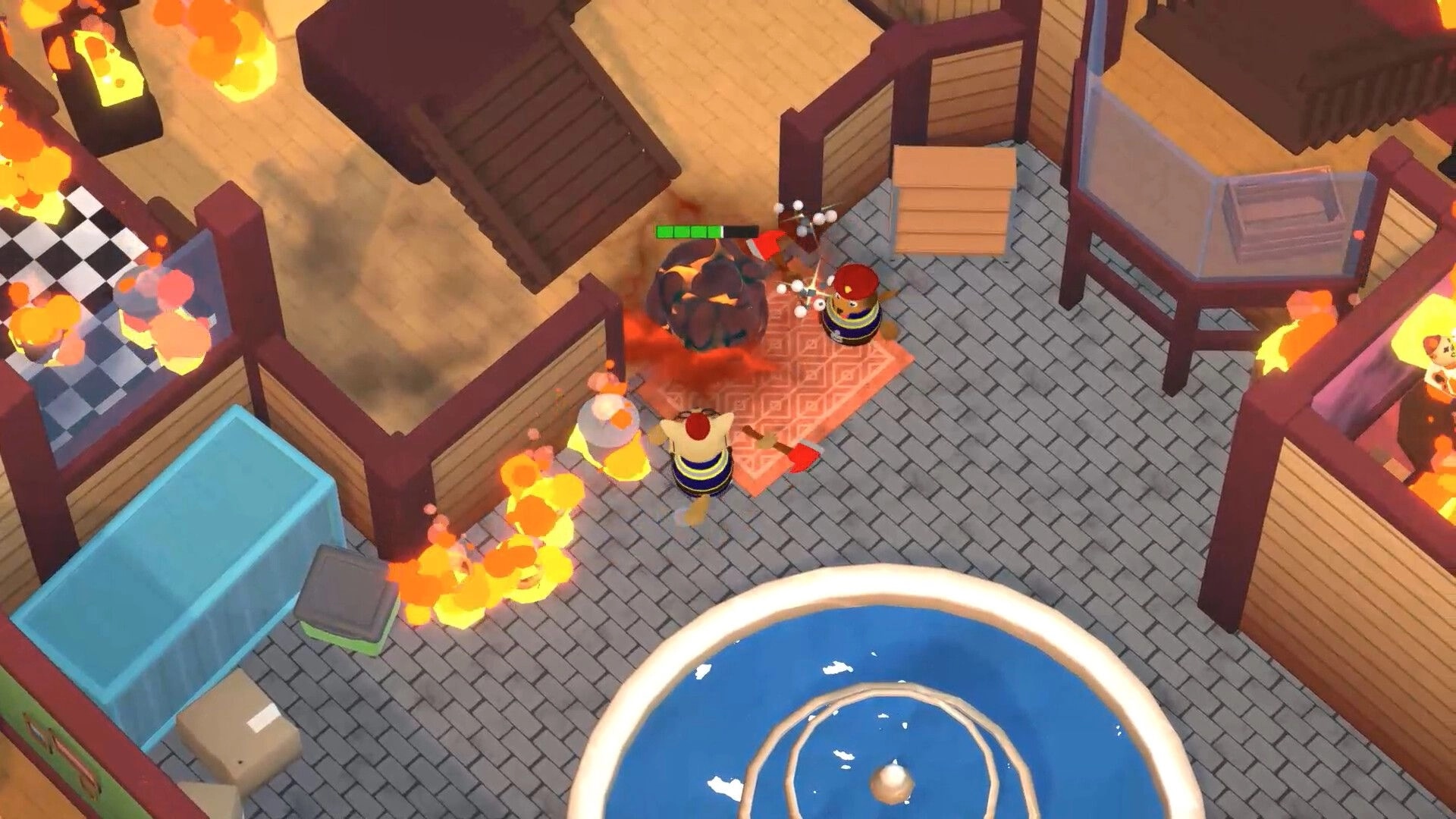 FiresOut!: Two firefighters spray water at a burning boulder in a tiled courtyard by a fountain.