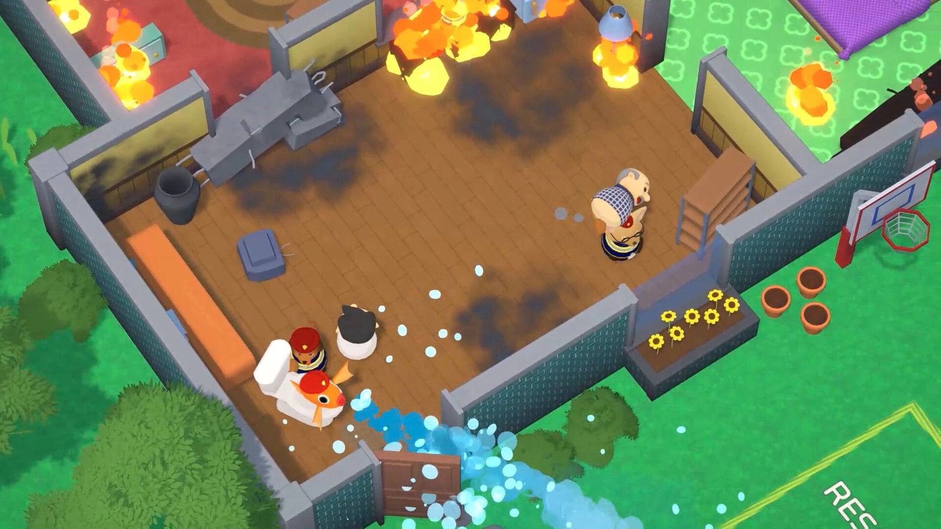 FiresOut!: Goldfish toilet sprays water at indoor blaze in smoky house room with furniture and hoop outside.