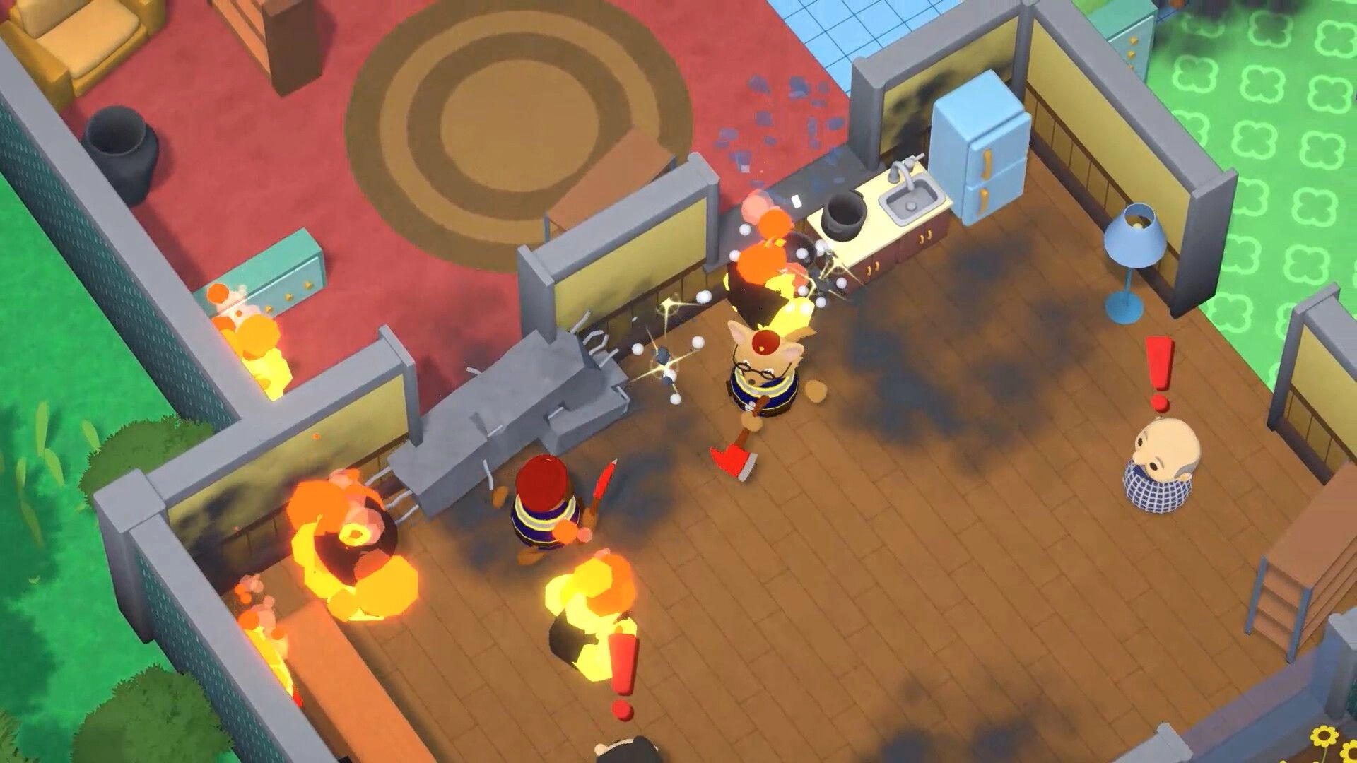 FiresOut!: Two interns battle kitchen fires as smoke spreads, with red alert icons over civilians indoors.