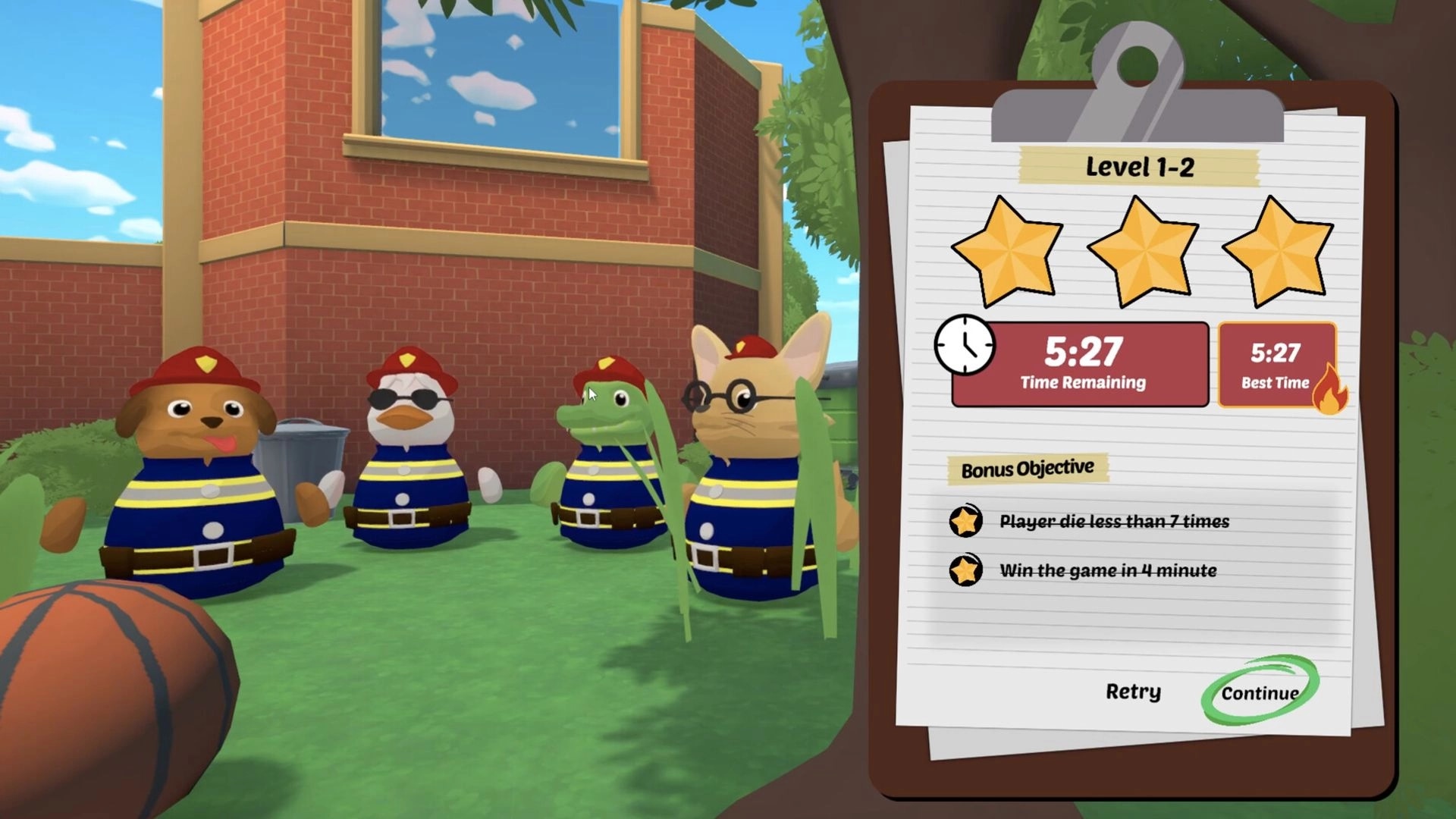 FiresOut!: Level 1-2 results screen with three stars and timer beside four firefighter animals outdoors.