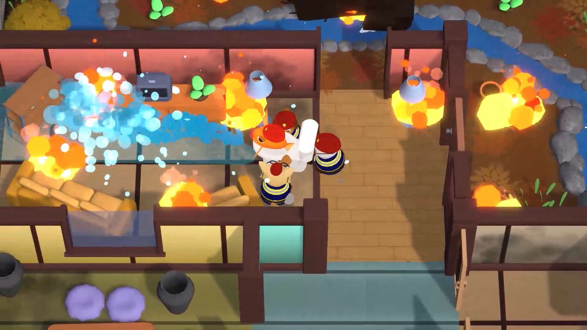 FiresOut!: Three firefighters spray water at flames inside a house, fires blazing in corridor rooms.