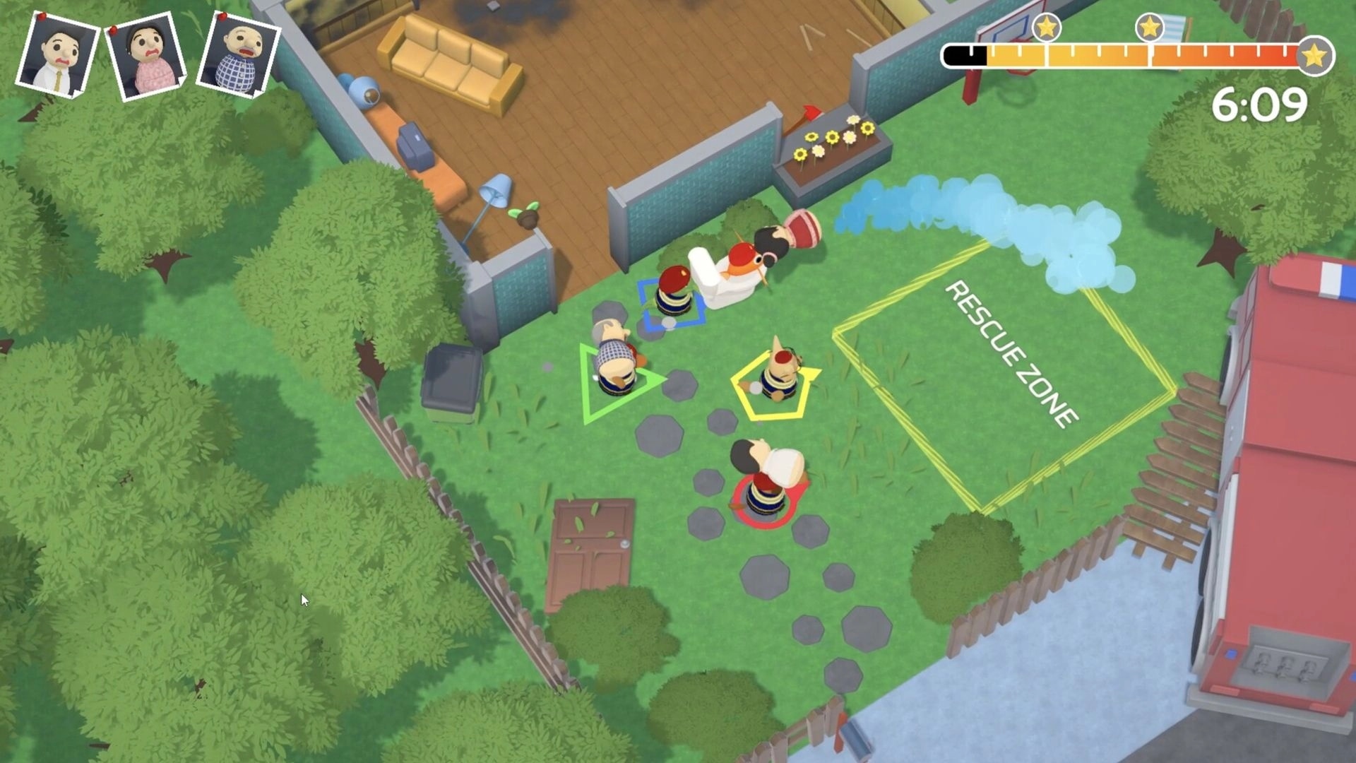 FiresOut!: Four firefighters carry victims into a yard rescue zone beside a house, timer UI at top.