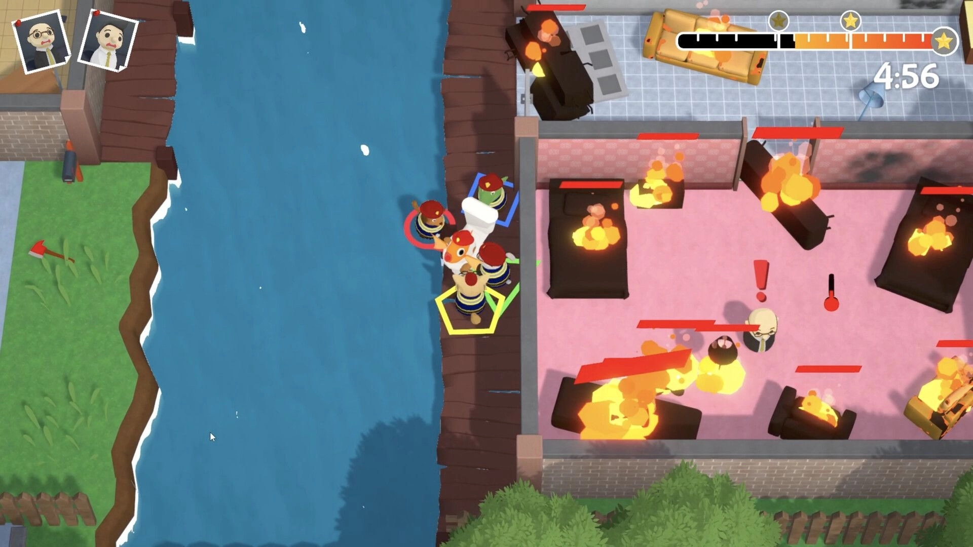FiresOut!: Four firefighters carry a toilet by a canal as a house burns, timer and star meter UI up top.