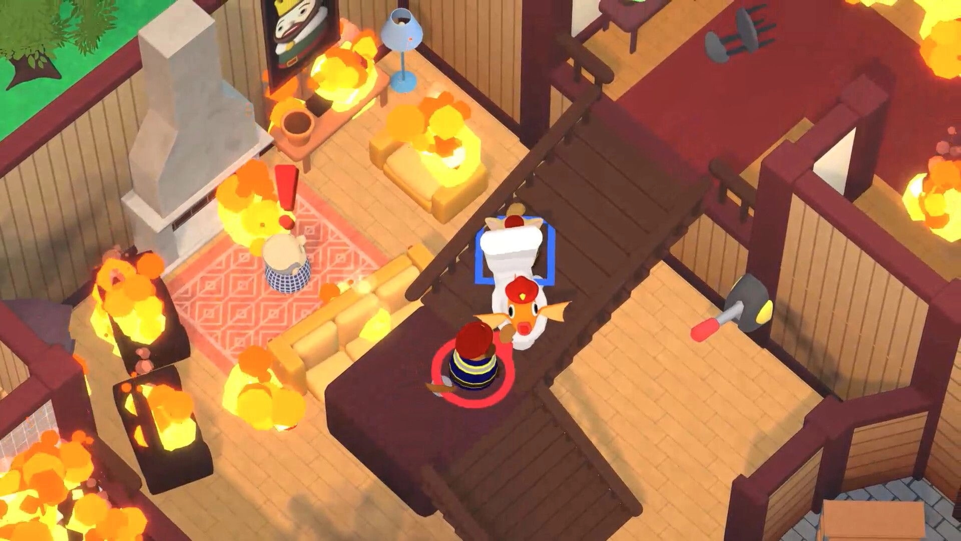 FiresOut!: Two firefighters carry a toilet goldfish hose through a burning wooden house interior.