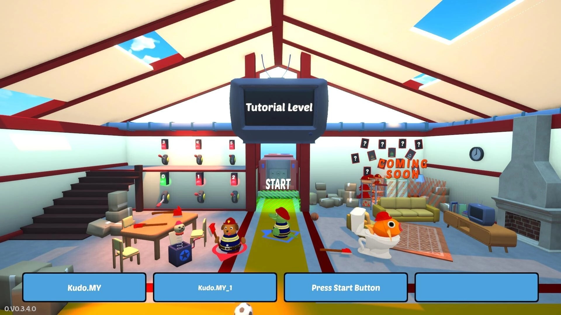 FiresOut!: Tutorial Level lobby with start pad, two firefighter interns, and player join buttons UI.