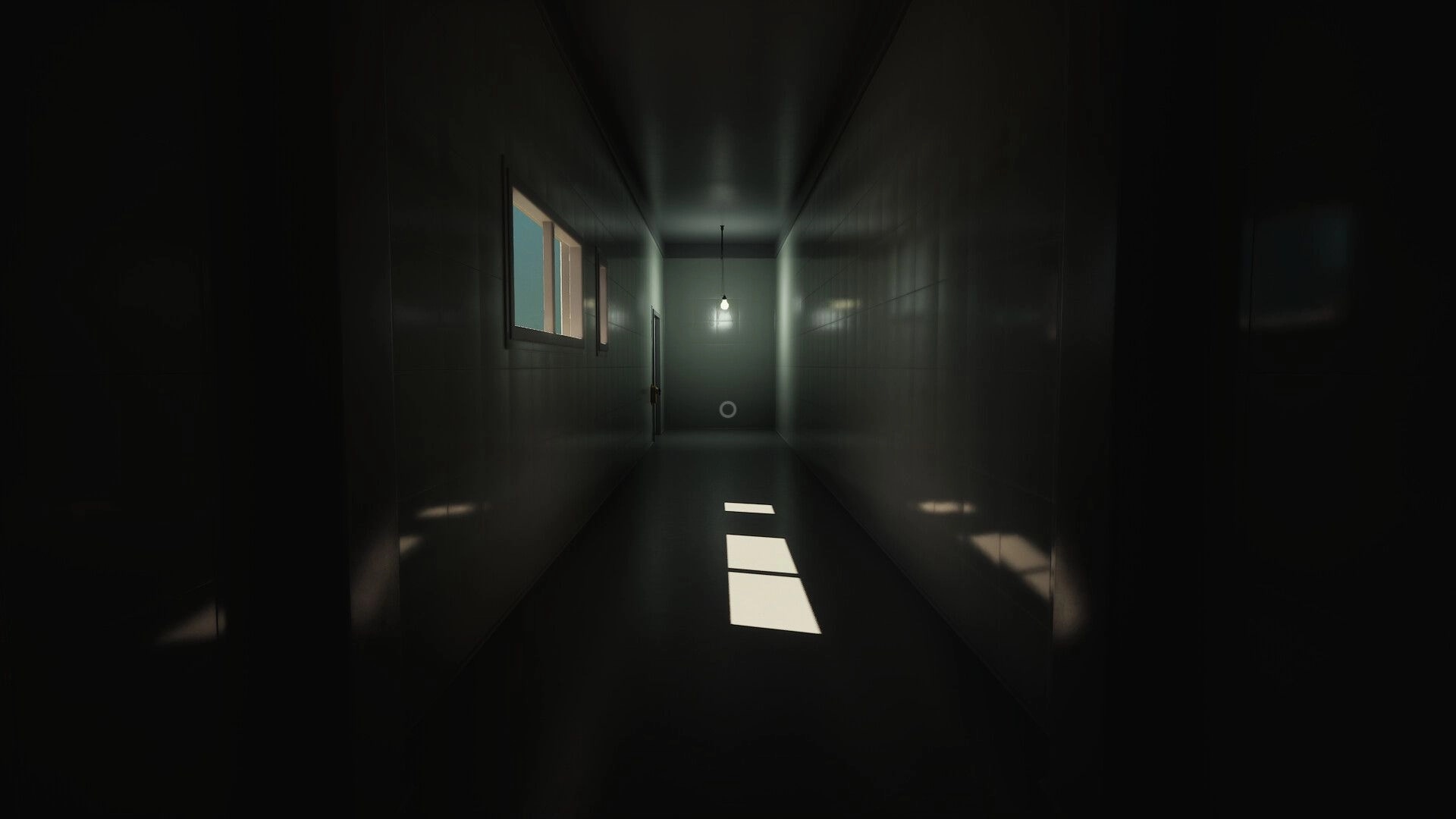 First: Dimly lit corridor with sunlight patches and a hanging light bulb in a mysterious building
