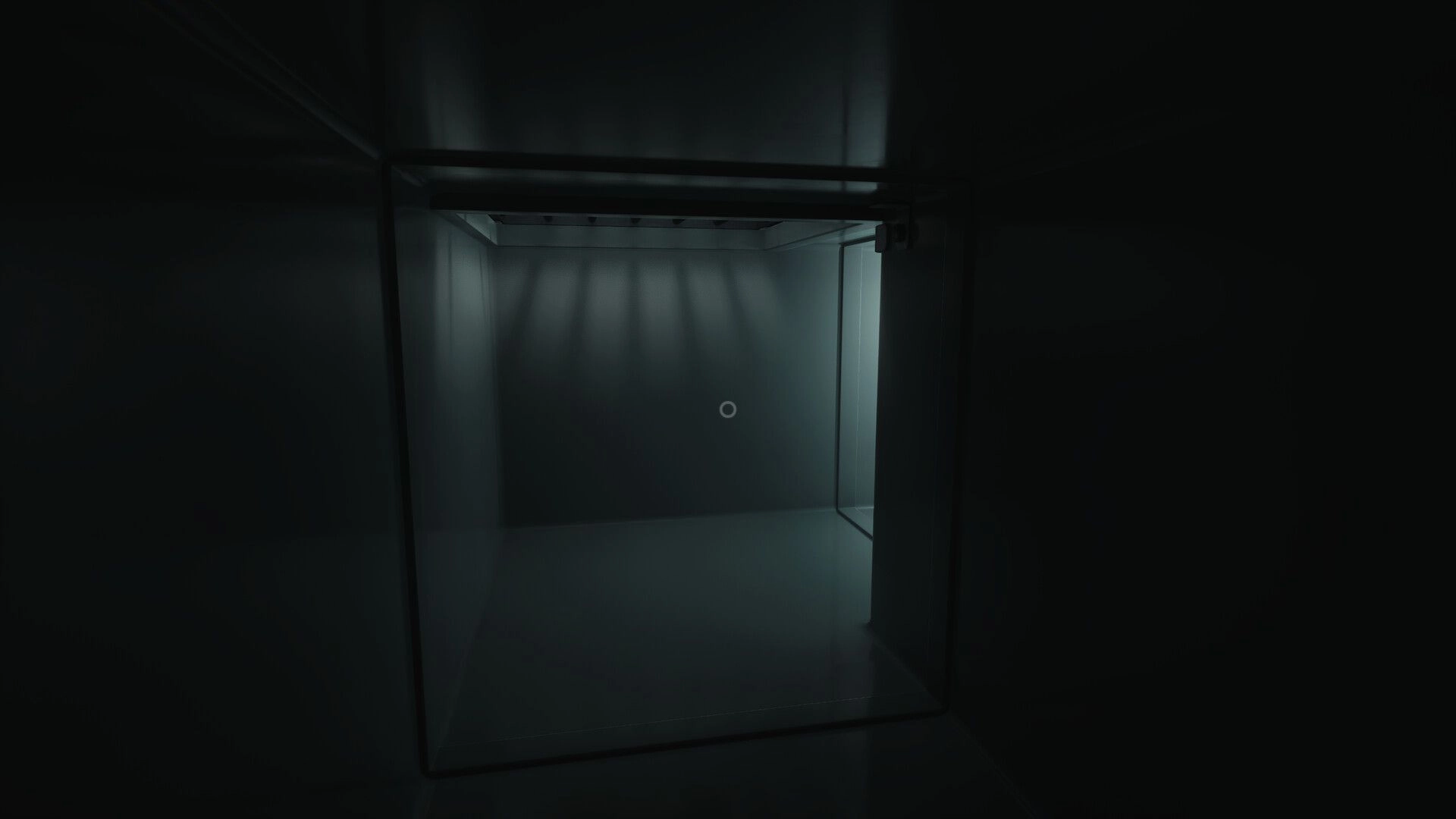 First: Exploring a dimly lit, empty room with a small light source in a minimalist environment.