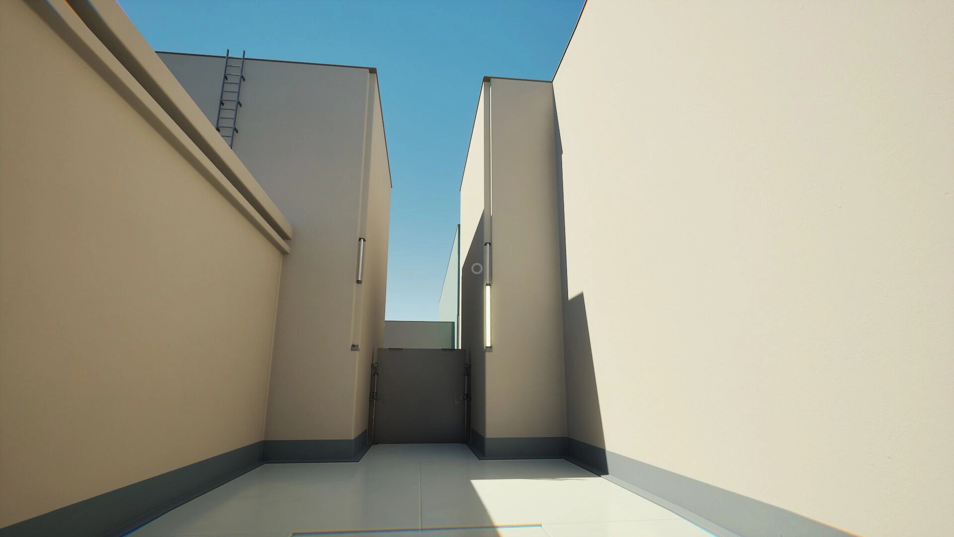 First: Narrow alleyway between beige walls with ladder leading up, under clear blue sky