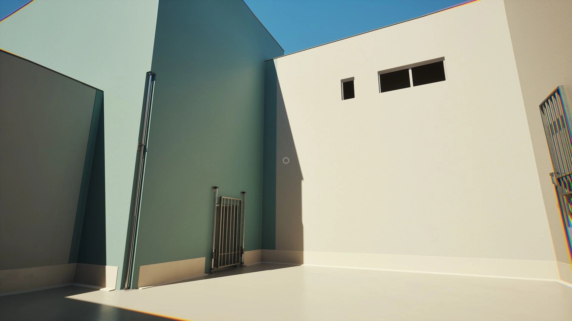 First: Exploring sunlit courtyard with minimalistic architecture and metal gates in a puzzle environment