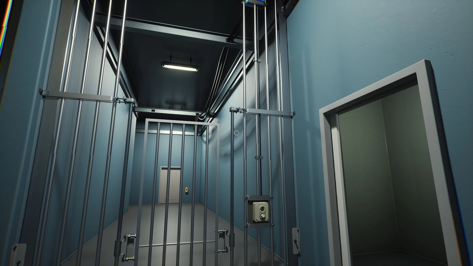 First: Metal gate in narrow hallway with blue walls and a closed door at the end of the corridor