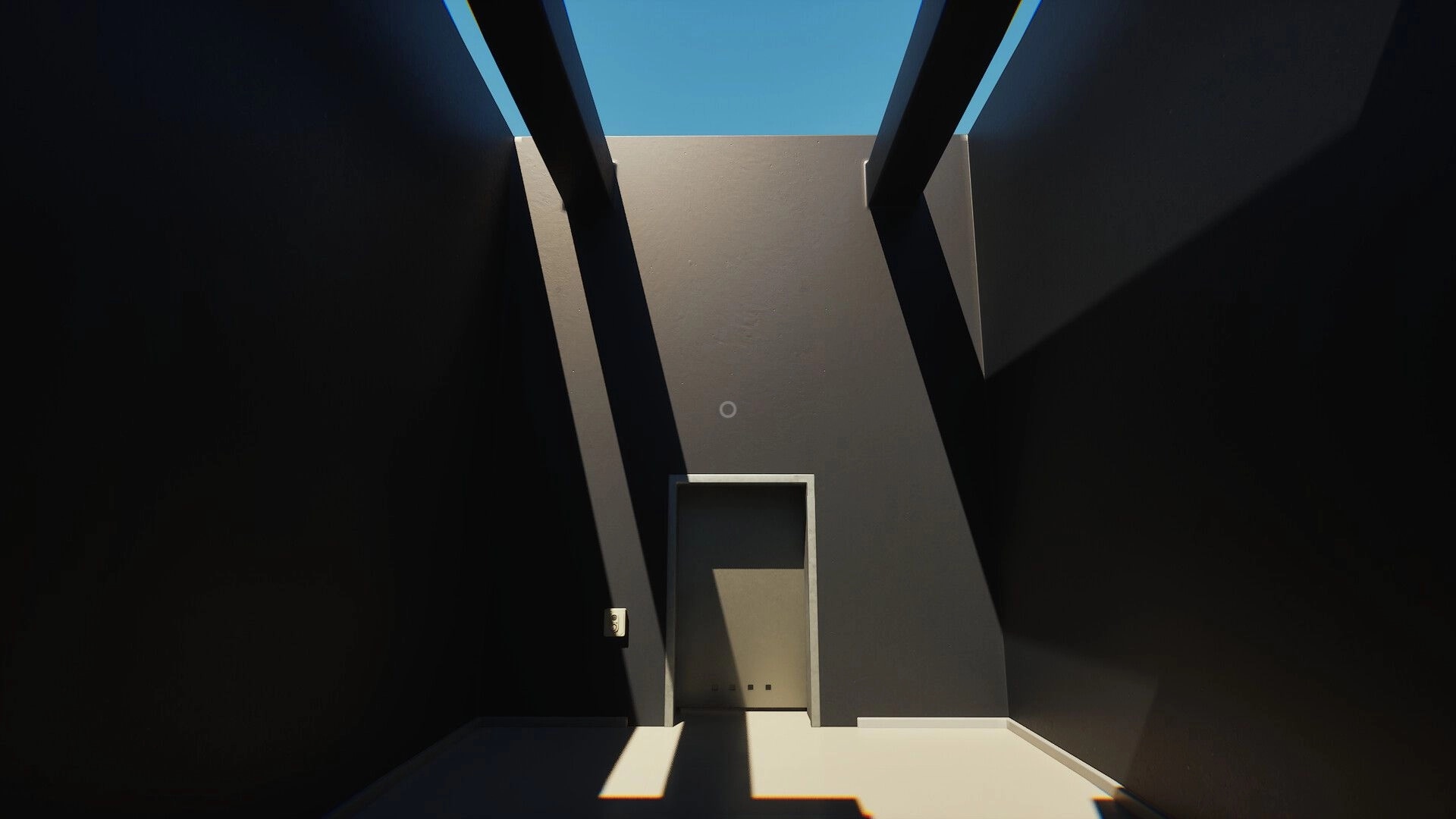 First: Dimly lit room with a small door, high walls, and overhead beams casting shadows on the floor