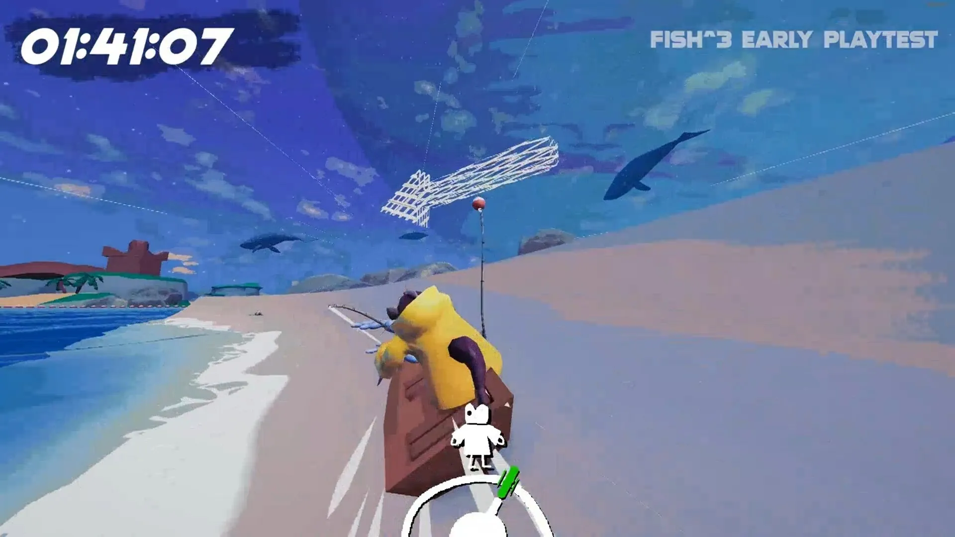 FISH³: Player in yellow coat fishing from boat on surreal beach with timer and fish silhouettes visible