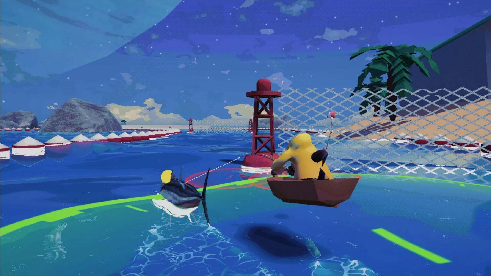 FISH³: Angler in yellow coat speeds through vibrant ocean on fish-powered boat near red buoys