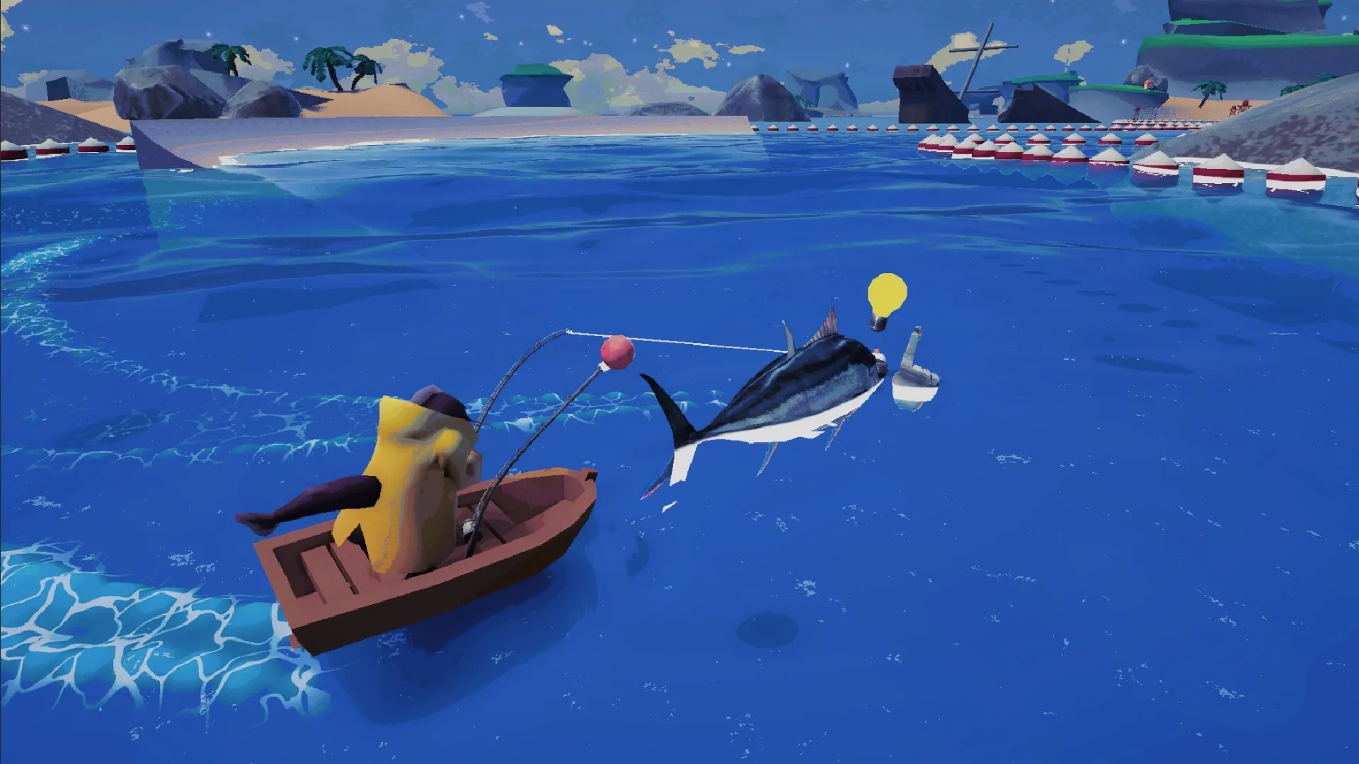 FISH³: Player catches a large fish on dual rods in colorful ocean with distant islands and buoys.