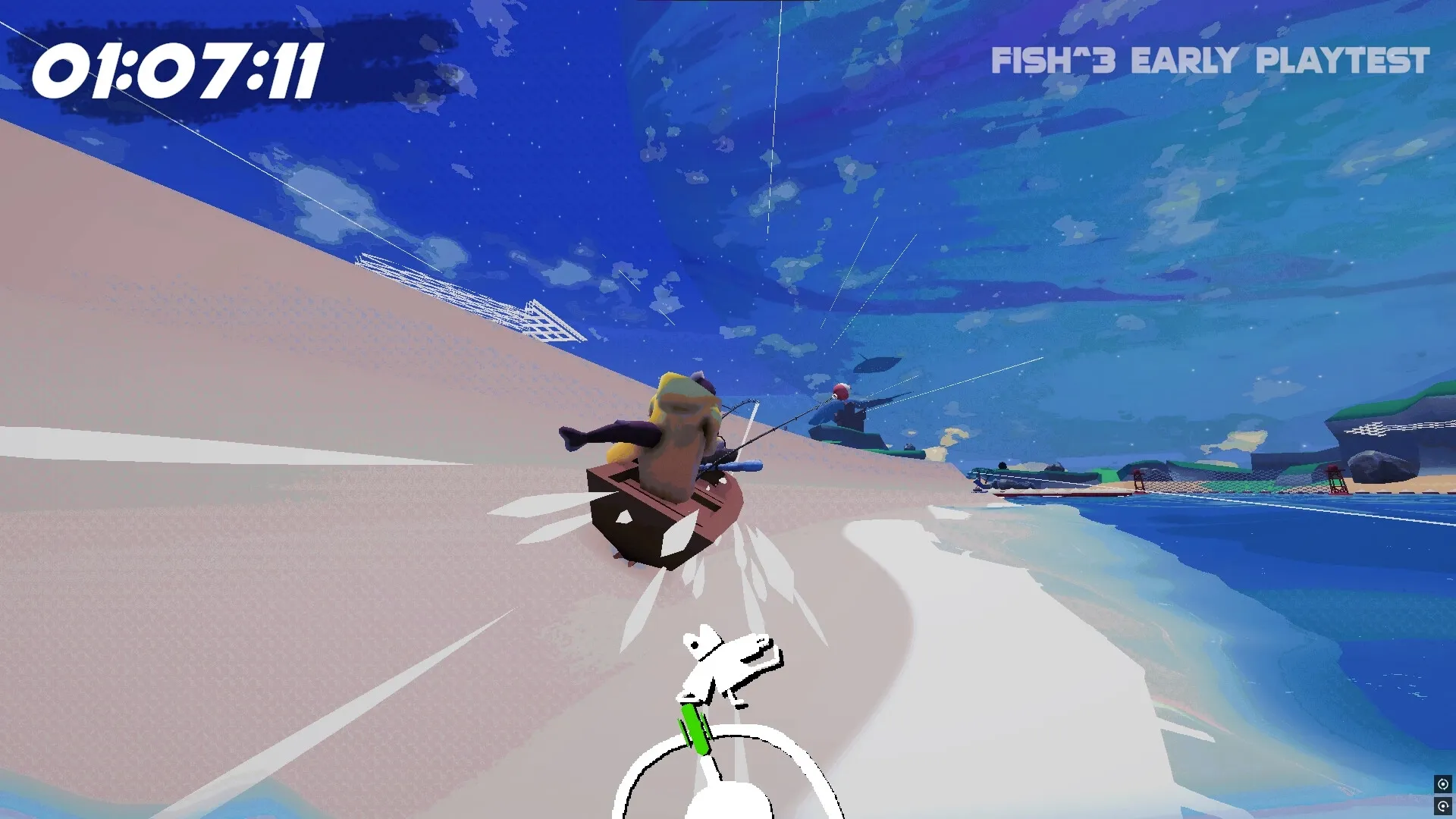 FISH³: Speed-fishing in a surreal ocean with time displayed, player character navigating dreamlike waters