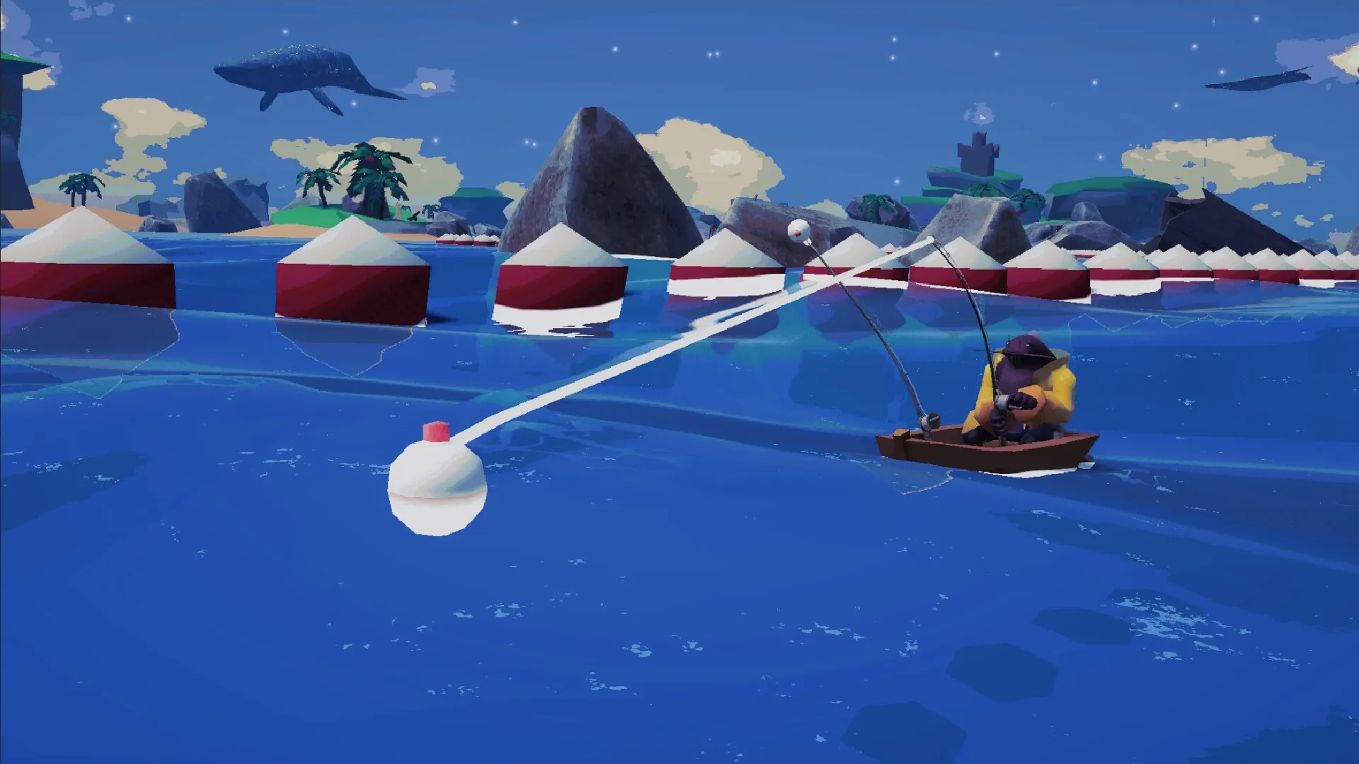 FISH³: Angler fishing with dual rods amidst floating buoys in a vibrant, surreal ocean landscape.