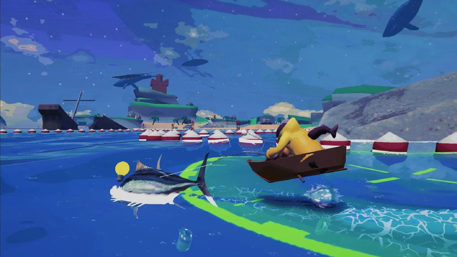 FISH³: Player fishing from a boat propelled by a giant fish in a colorful, surreal ocean landscape.