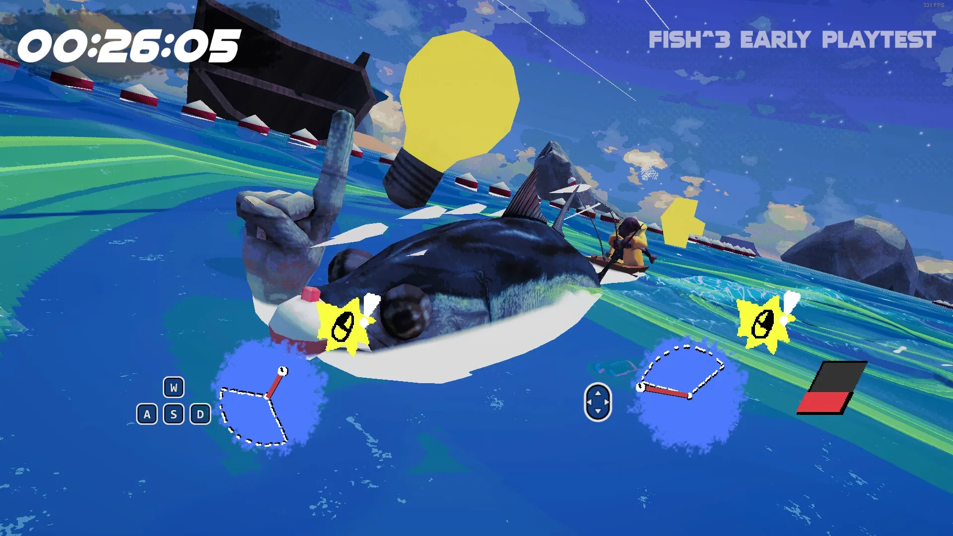 FISH³: Player on a fish-powered boat navigating colorful waters with UI elements and timer displayed